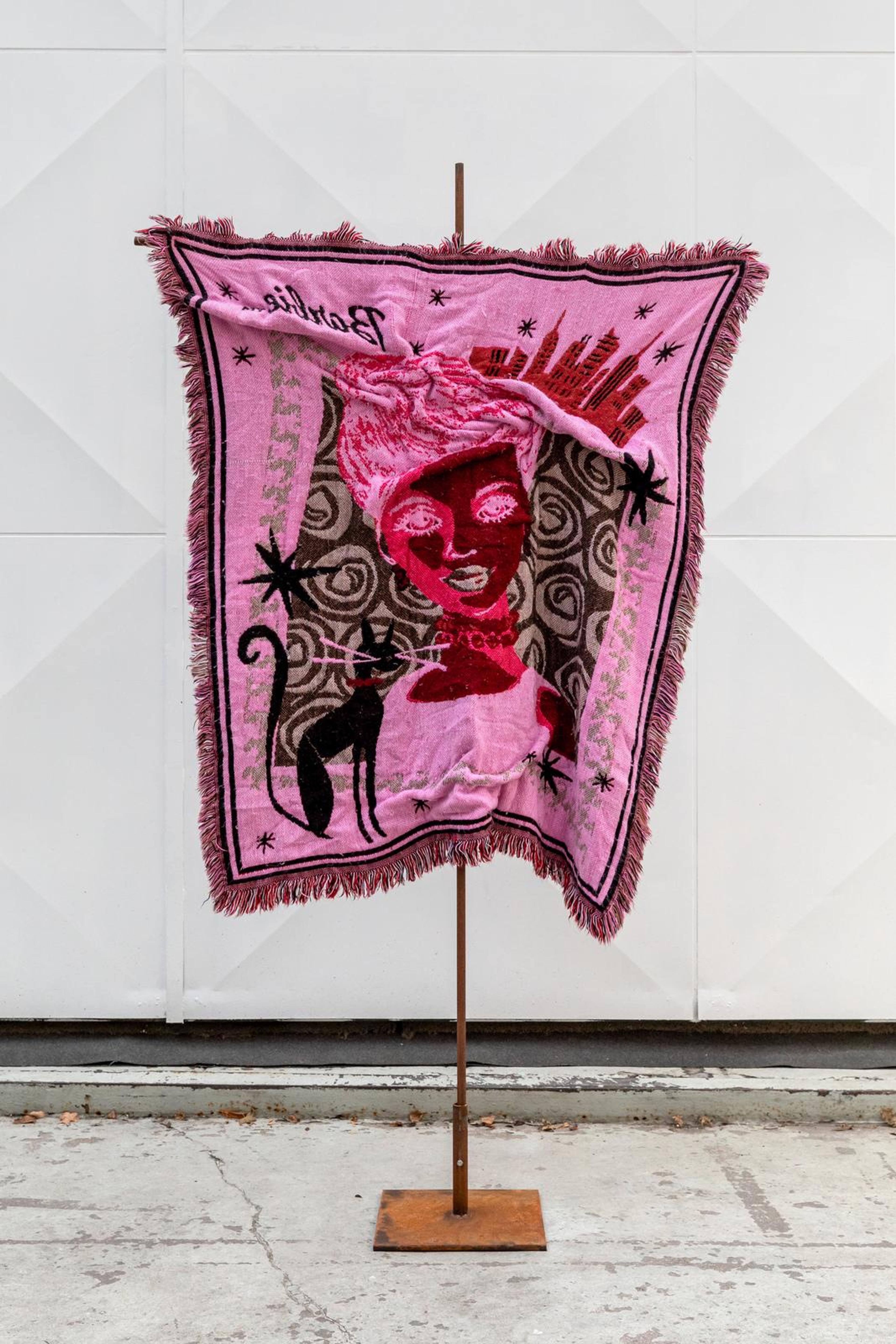 Rhea Dillon, Golgotha , 2020, thread on Barbie blanket mounted on rusted steel cross, 196 &times; 120 &times; 30 cm, London. Courtesy: the artist and Soft Opening, London. Photo: Dijby Kebe