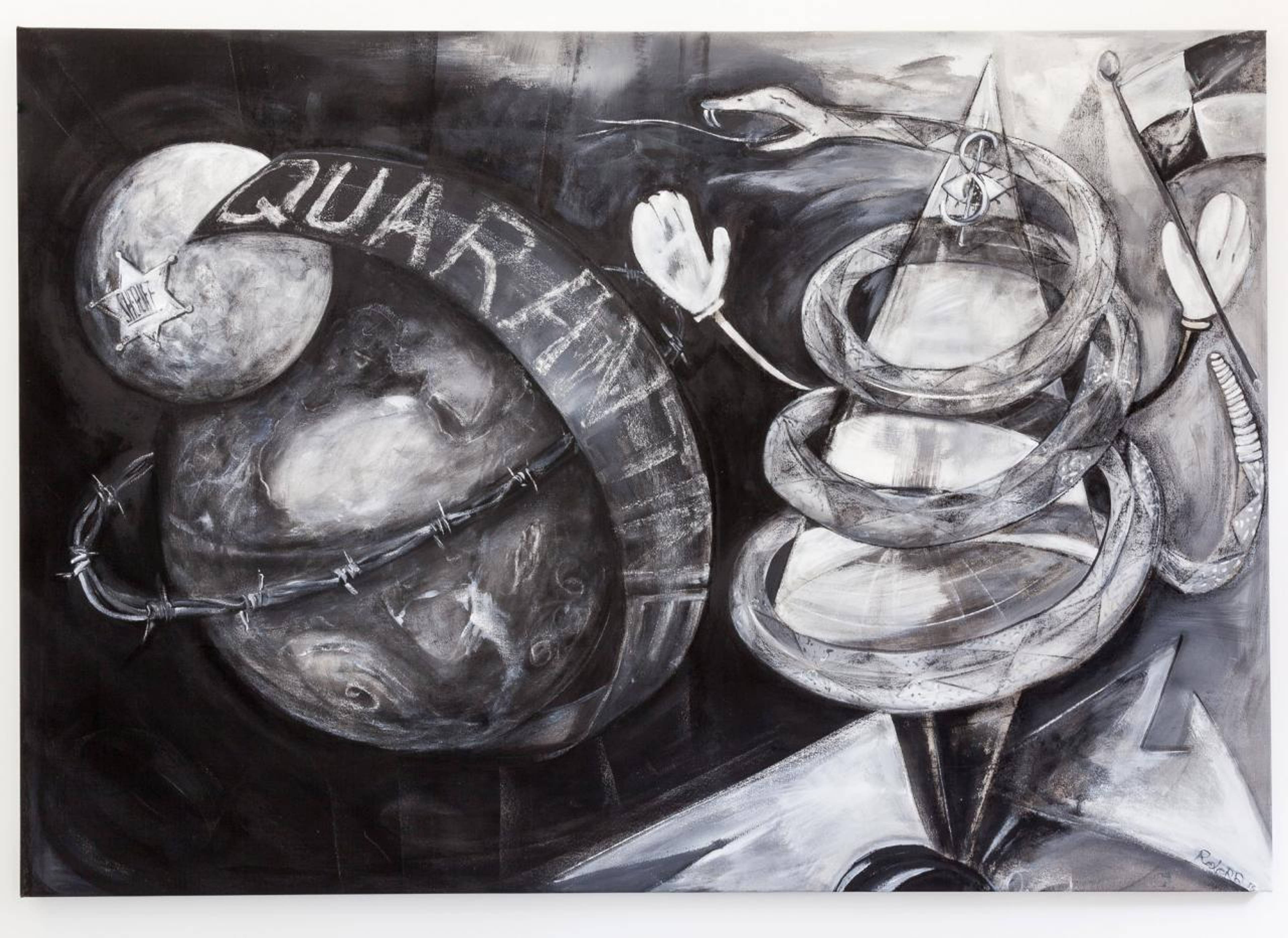 Quarantine Zone, 2016, Gesso and charcoal on canvas, 240 x 166 cm