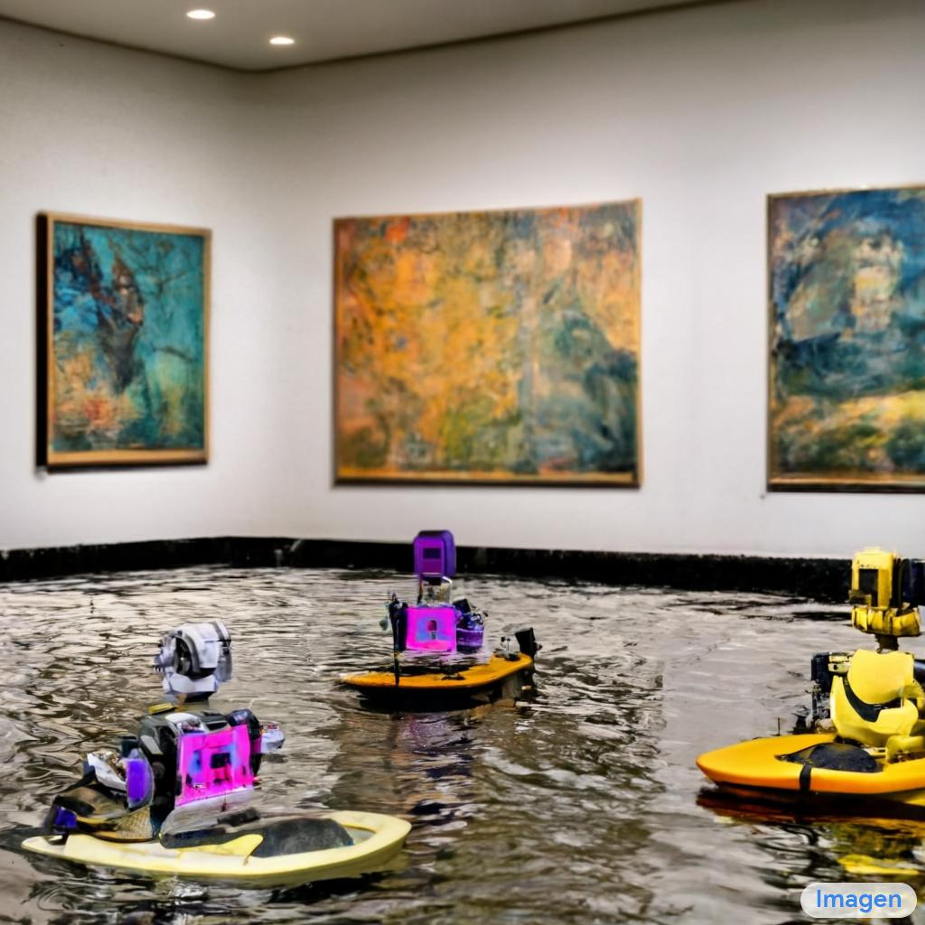 "An art gallery displaying Monet paintings. The art gallery is flooded. Robots are going around the art gallery using paddle boards" Rendered by Google Imagen, 2022