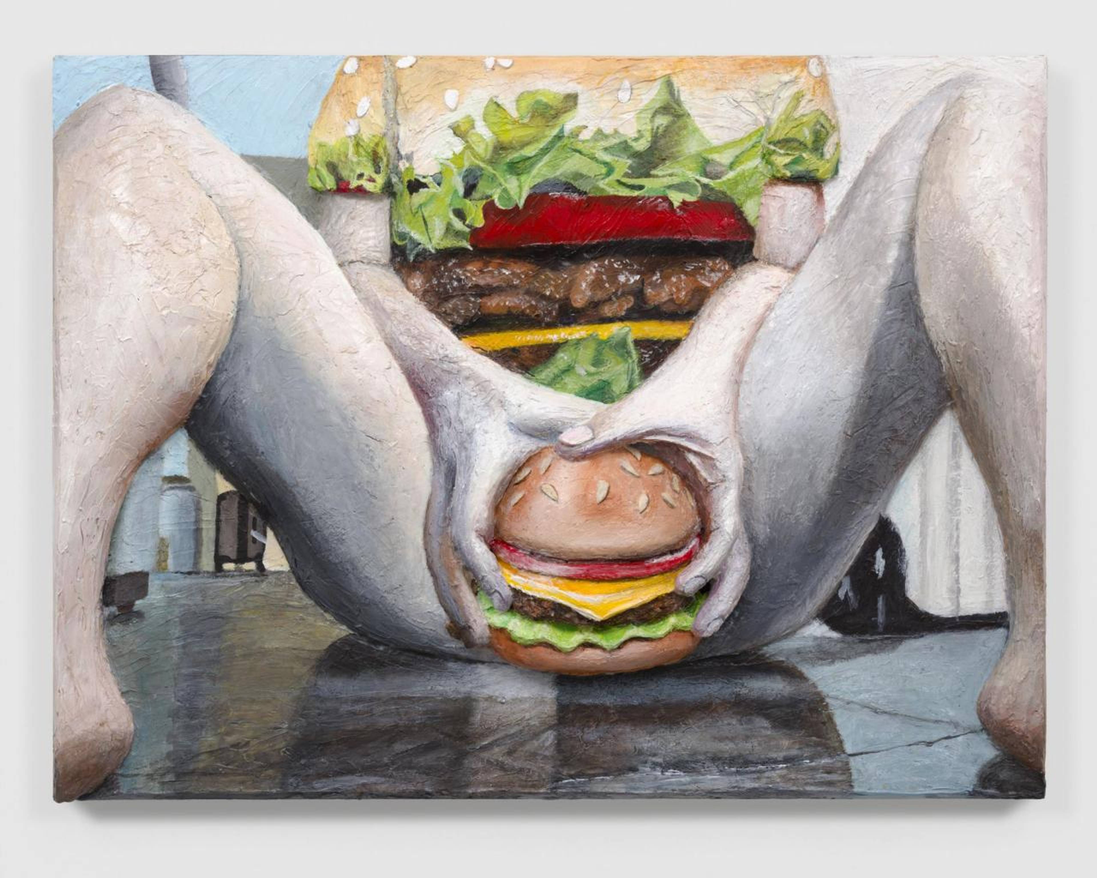 Cheeseburger Emoji Crotch , 2019 Acrylic and foam on canvas on panel, 61 x 82 x 8 cm