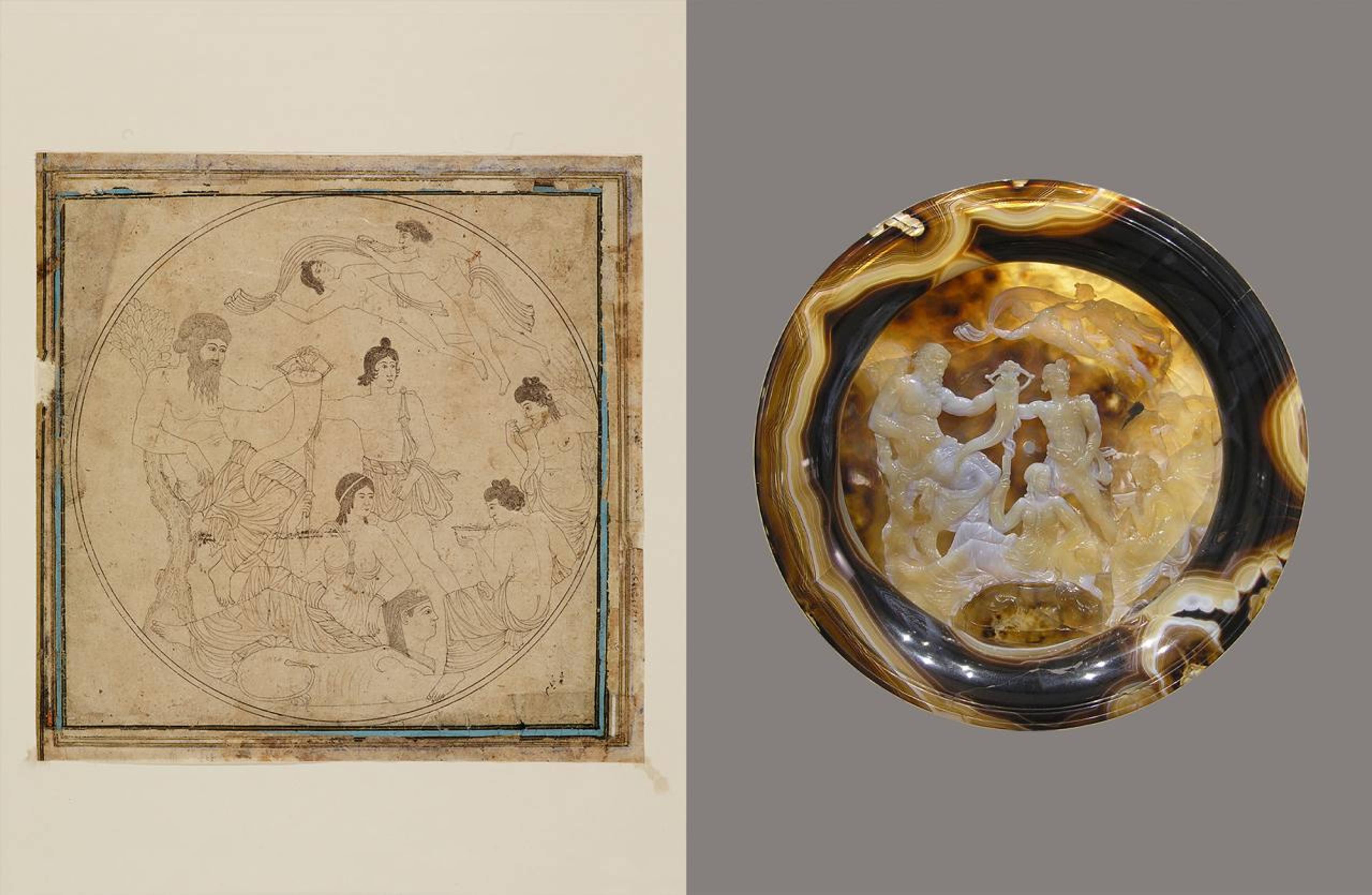 Left: Drawing after the Farnese Cup, c. 1400–50, right: Farnese Cup, 2nd–1st century BCE