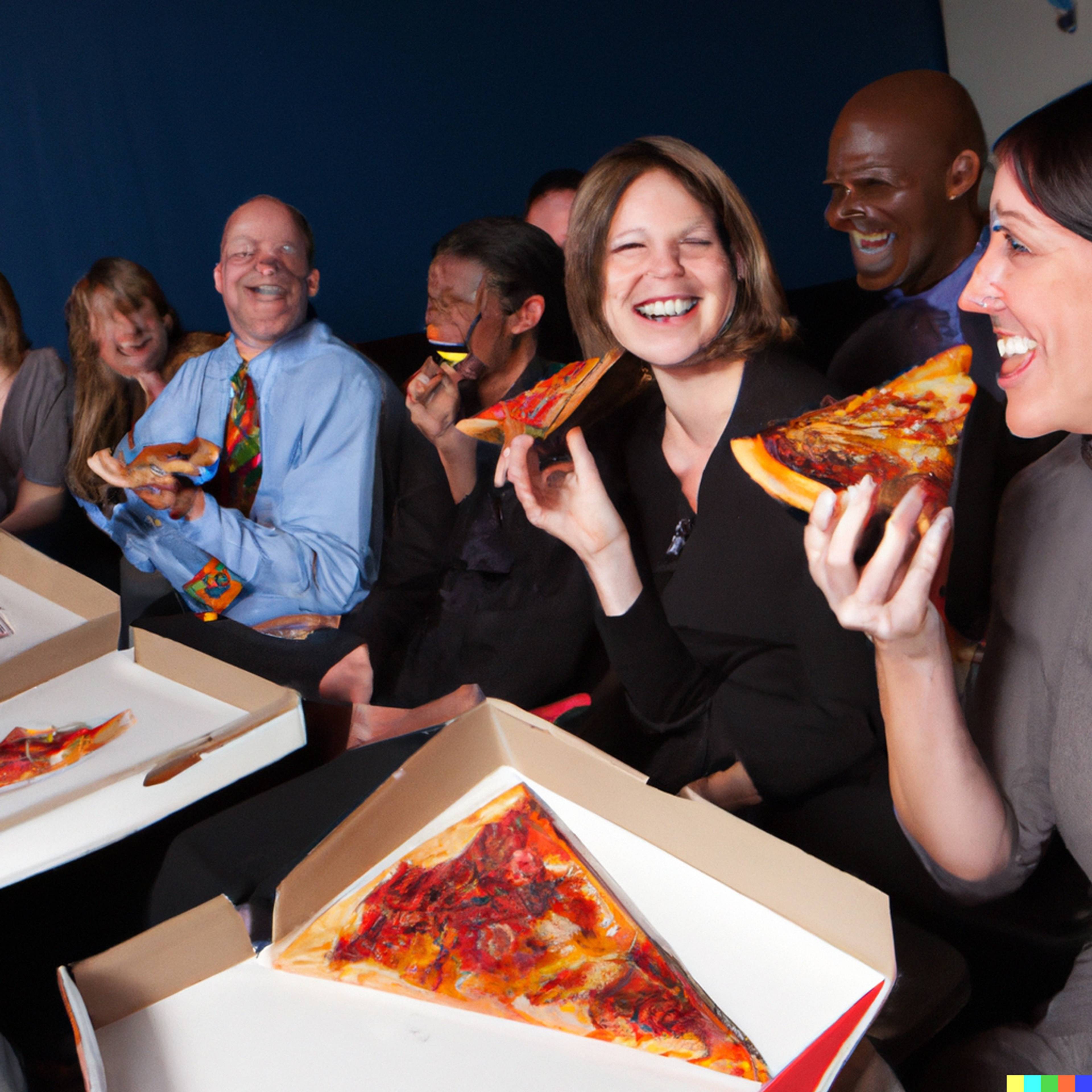 Image gnerated by DALL-E using the prompt “Enron Corporation employees enjoying a pizza party”