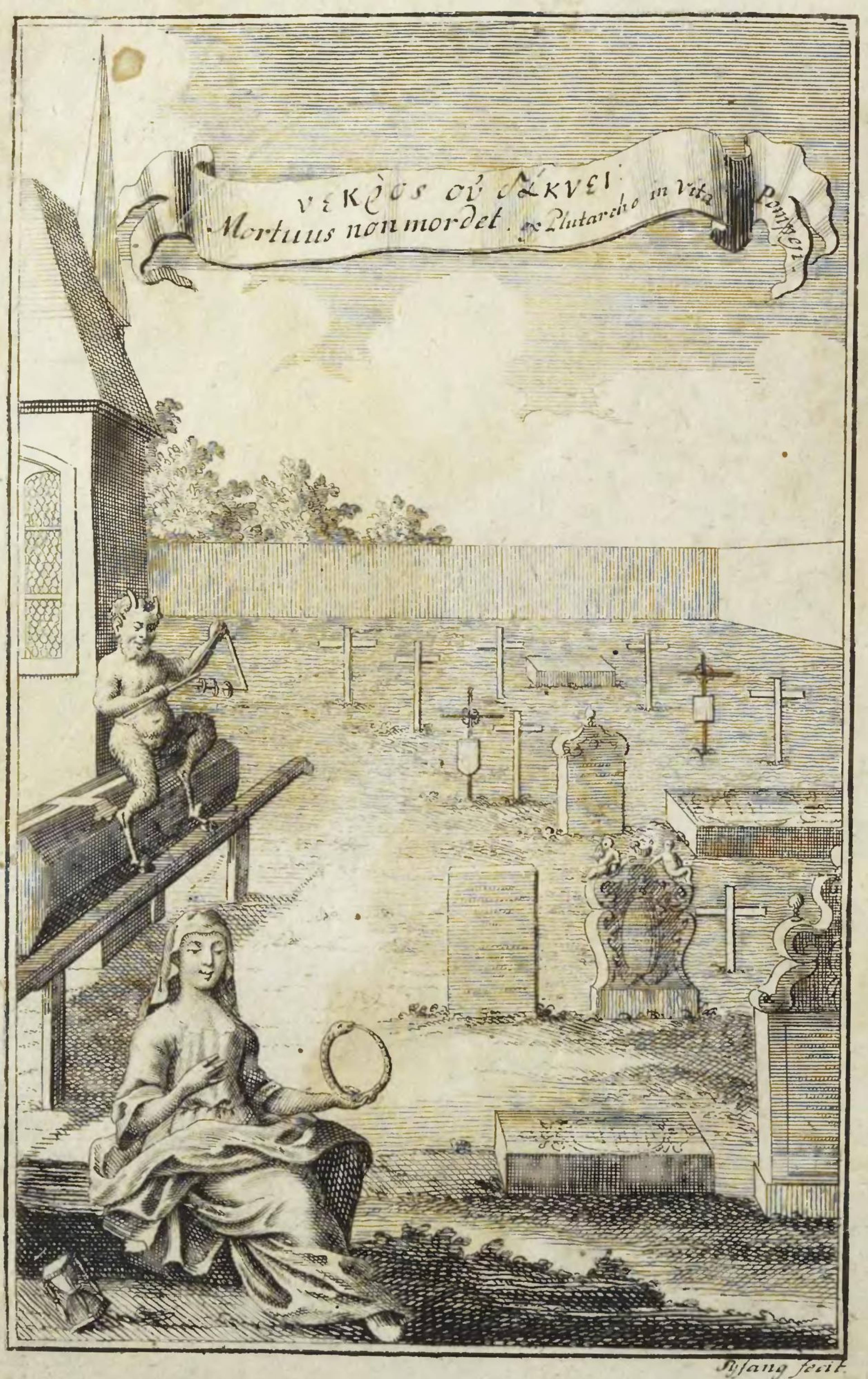 Folio of woman holding ouroboros from Michael Ranft&rsquo;s Tractat von dem Kauen und Schmatzen der Todten in Gräbern , 1734.