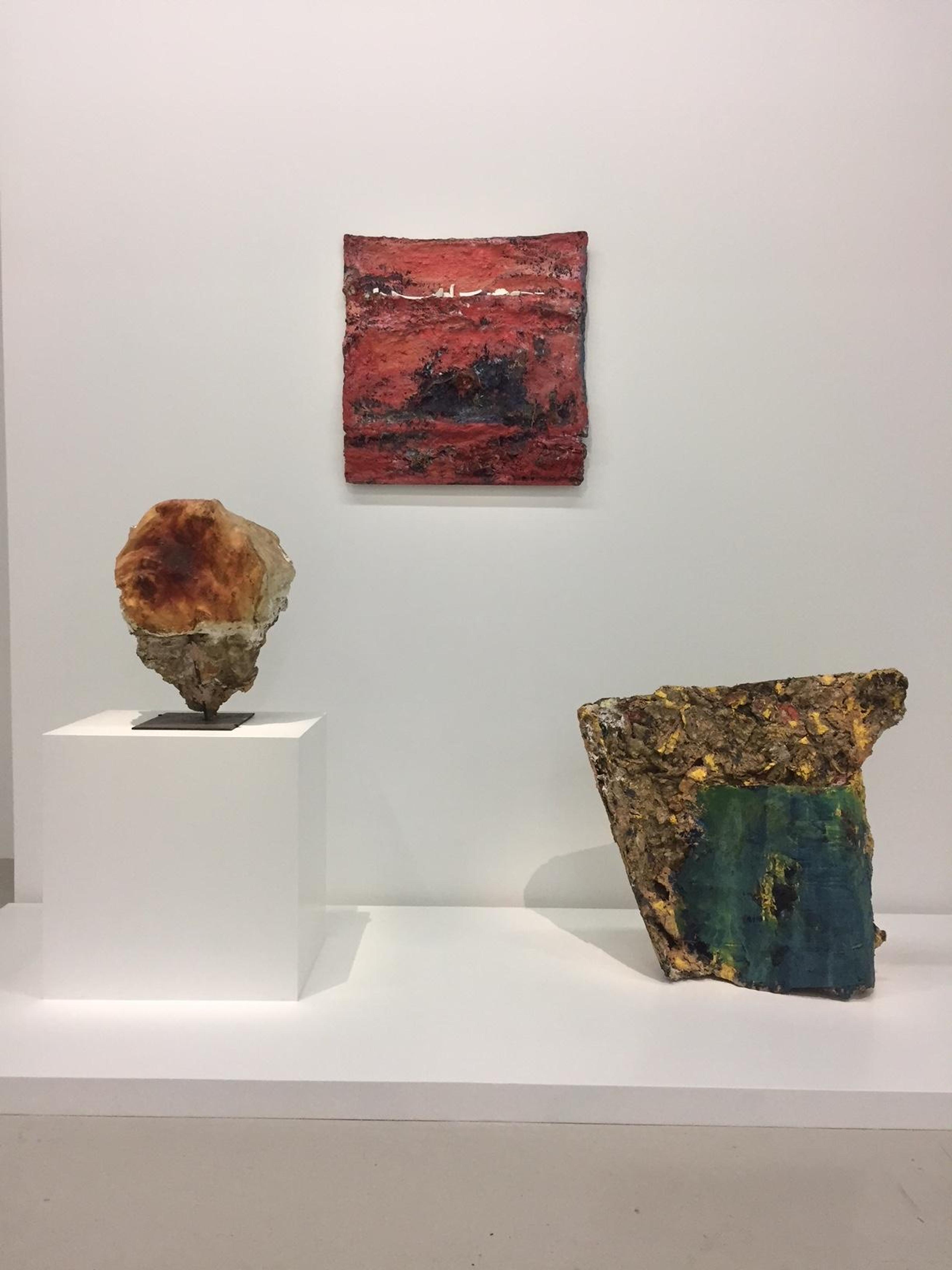 From left to right: collaborations with: Herbert Brandl, Albert Oehlen, and Herbert Brandl, titled  Ohne Titel  (1987),  Flatus vocis  (1991), Frucht ( Fruit, 1987), respectively.