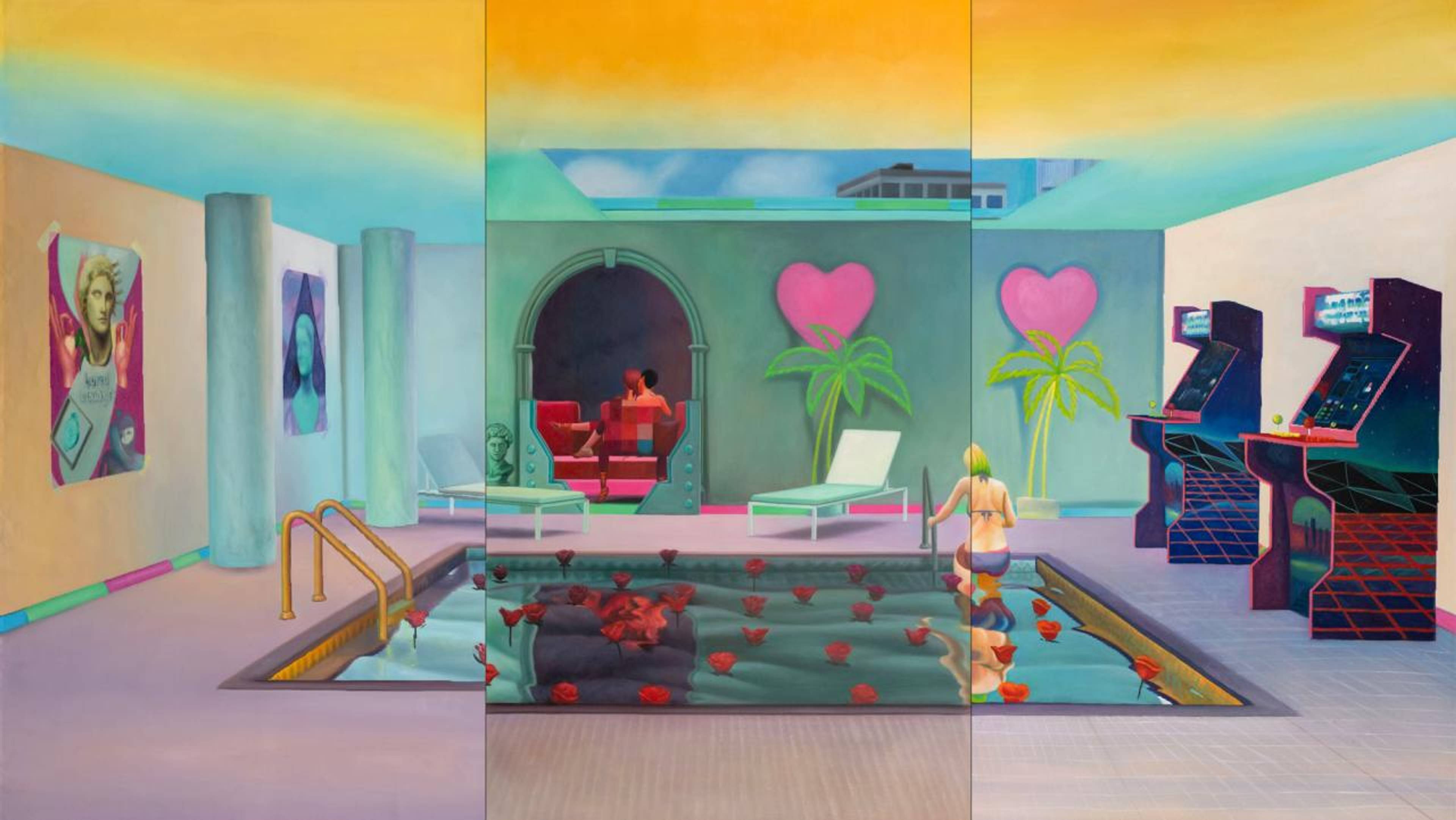 Mak2, Home Sweet Home: Love Pool 8, 2022, oil and acrylic on canvas in three parts, each 152 x 90 cm; overall: 152 x 270 cm