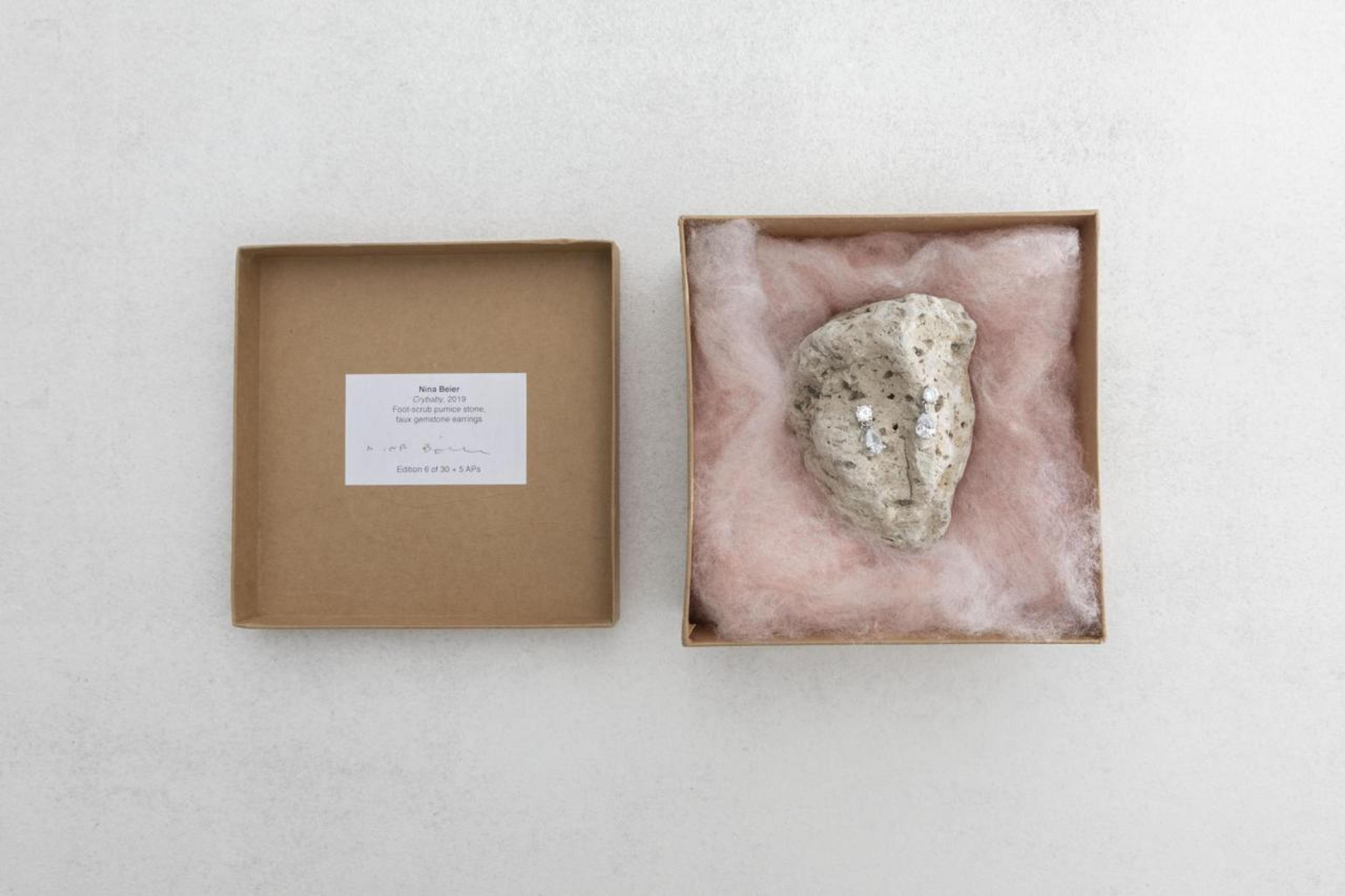 Nina Beier Crybaby , 2019 Foot scrub pumice stone, faux gemstone earrings