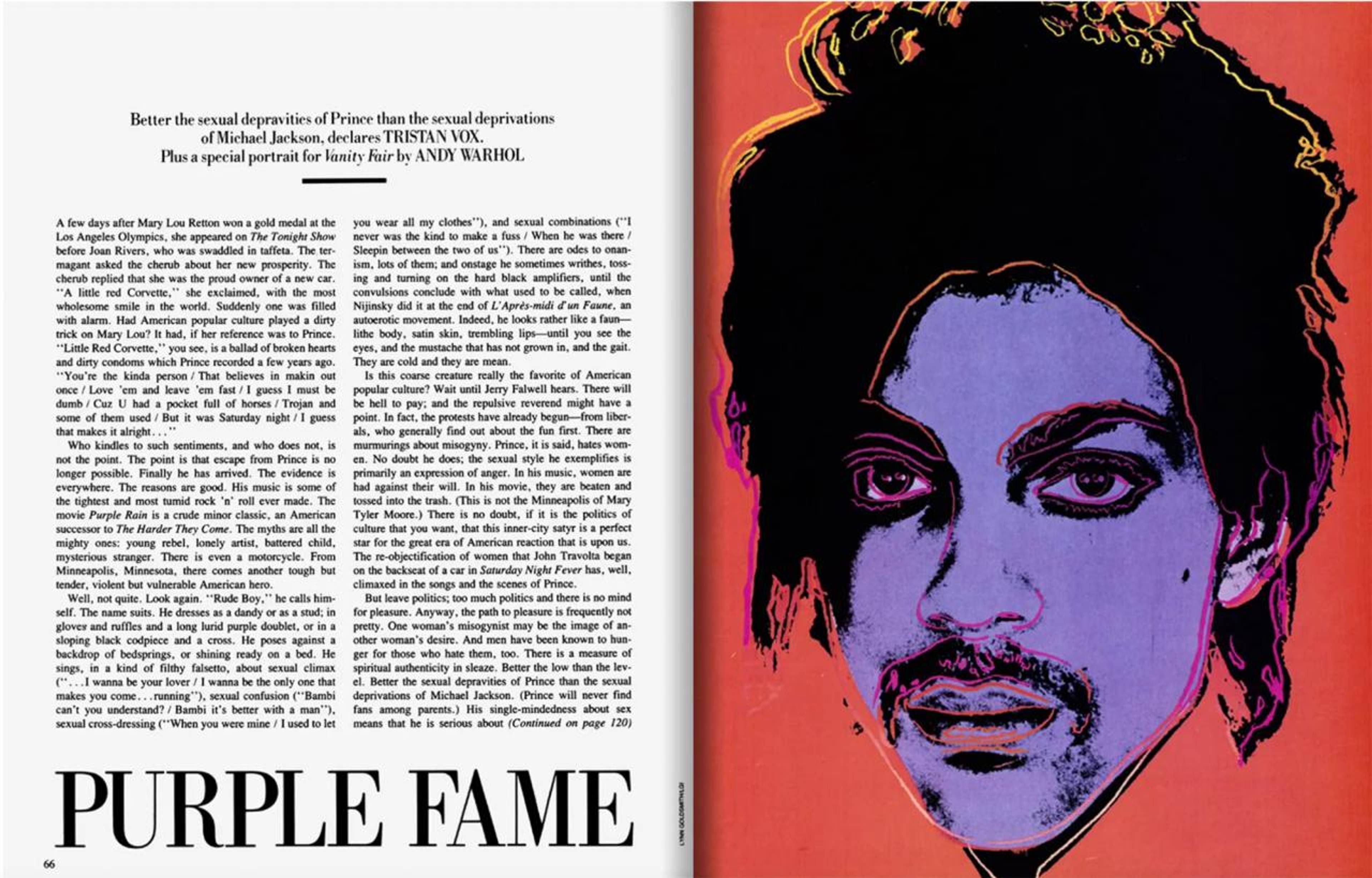 Spread from Vanity Fair, Tristan Vox, “Purple Fame,” November 1984