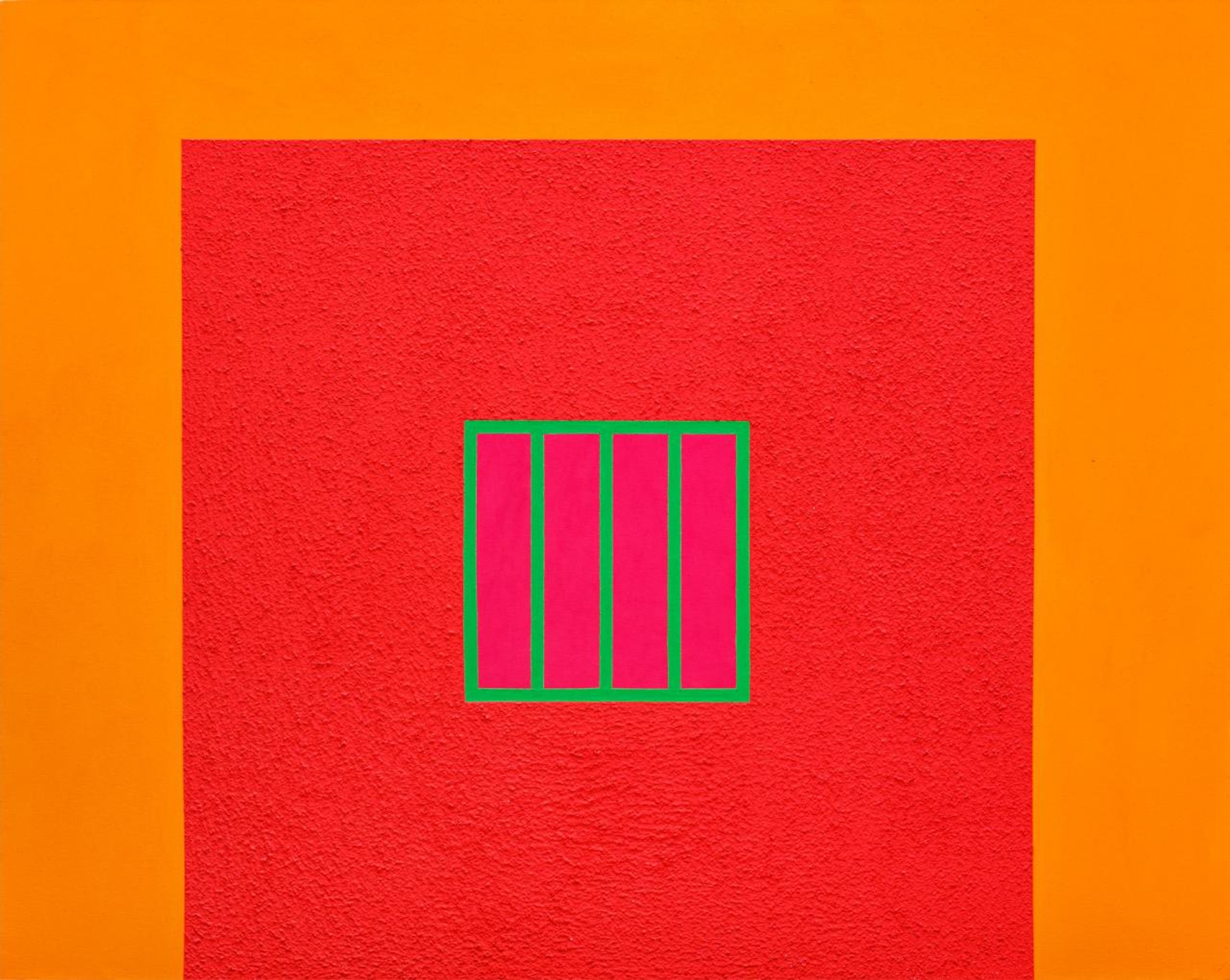 Peter Halley, Day-Glo Prison, 1982, fluorescent acrylic and Roll-a-Tex on canvas, 160 x 196 cm