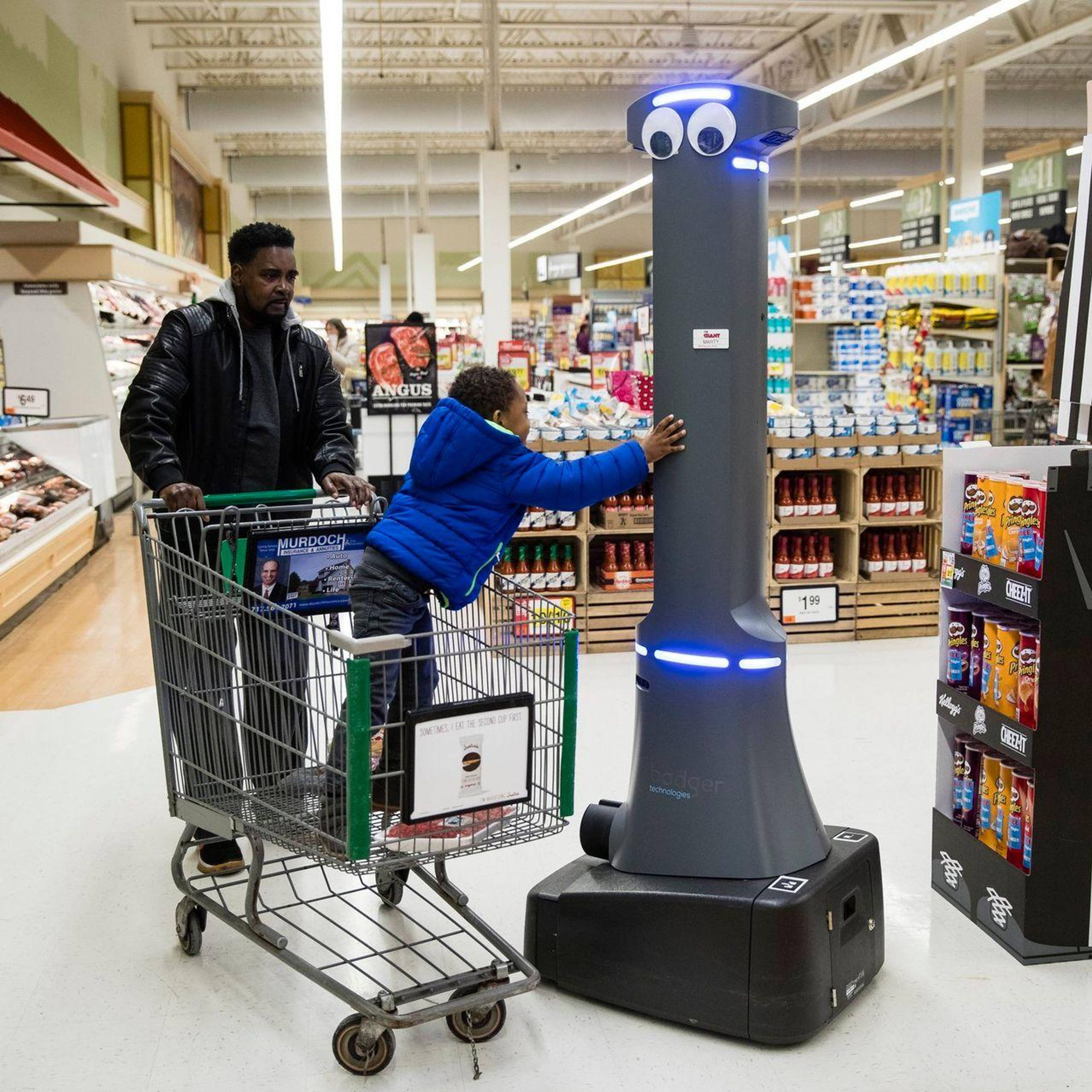 Marty the robot looks for spills at a Giant grocery store in Harrisburg, Pennsylvania. Photo: Matt Rourke for AP