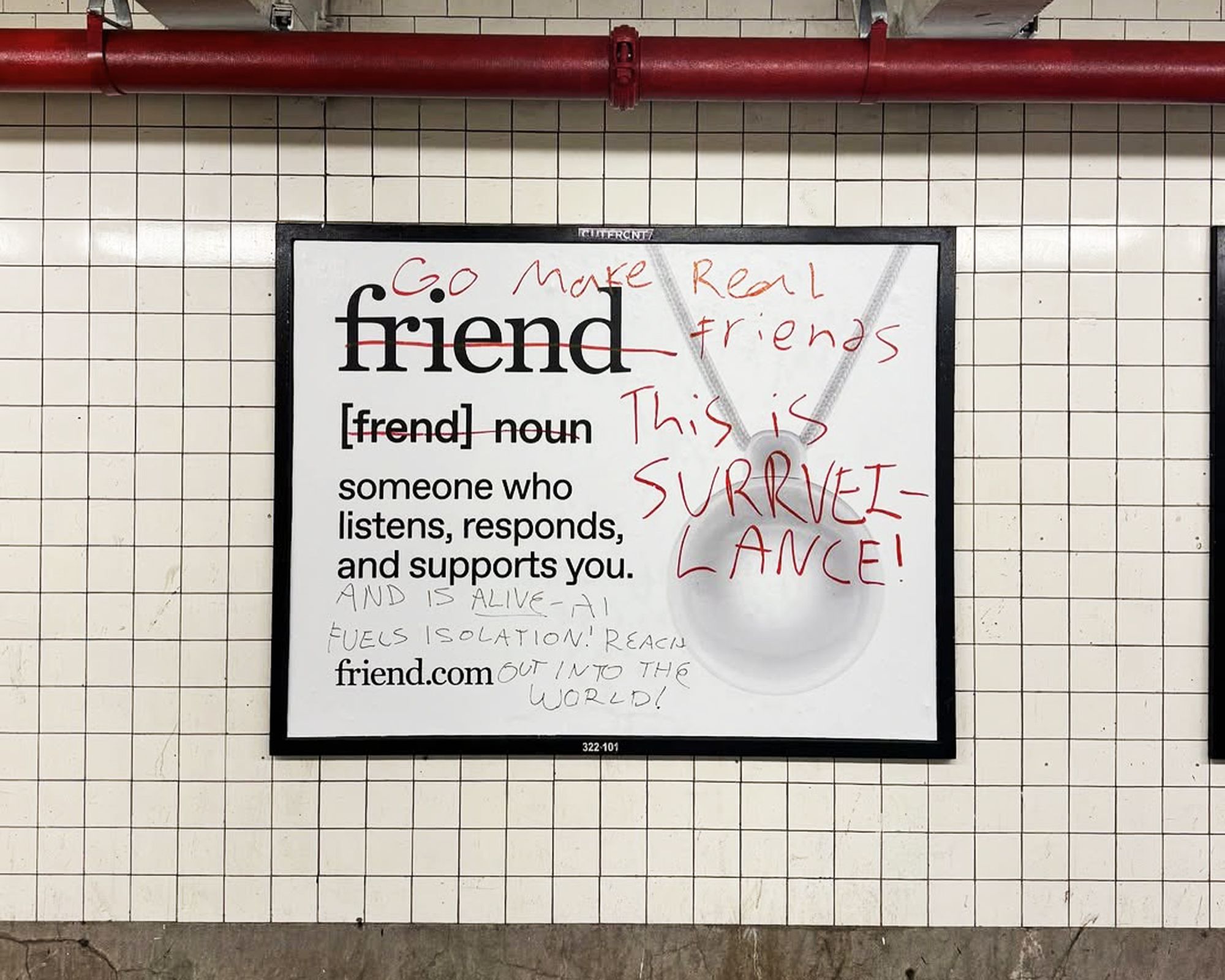 Graffiti on an advertisement for friend.com in the New York City Subway