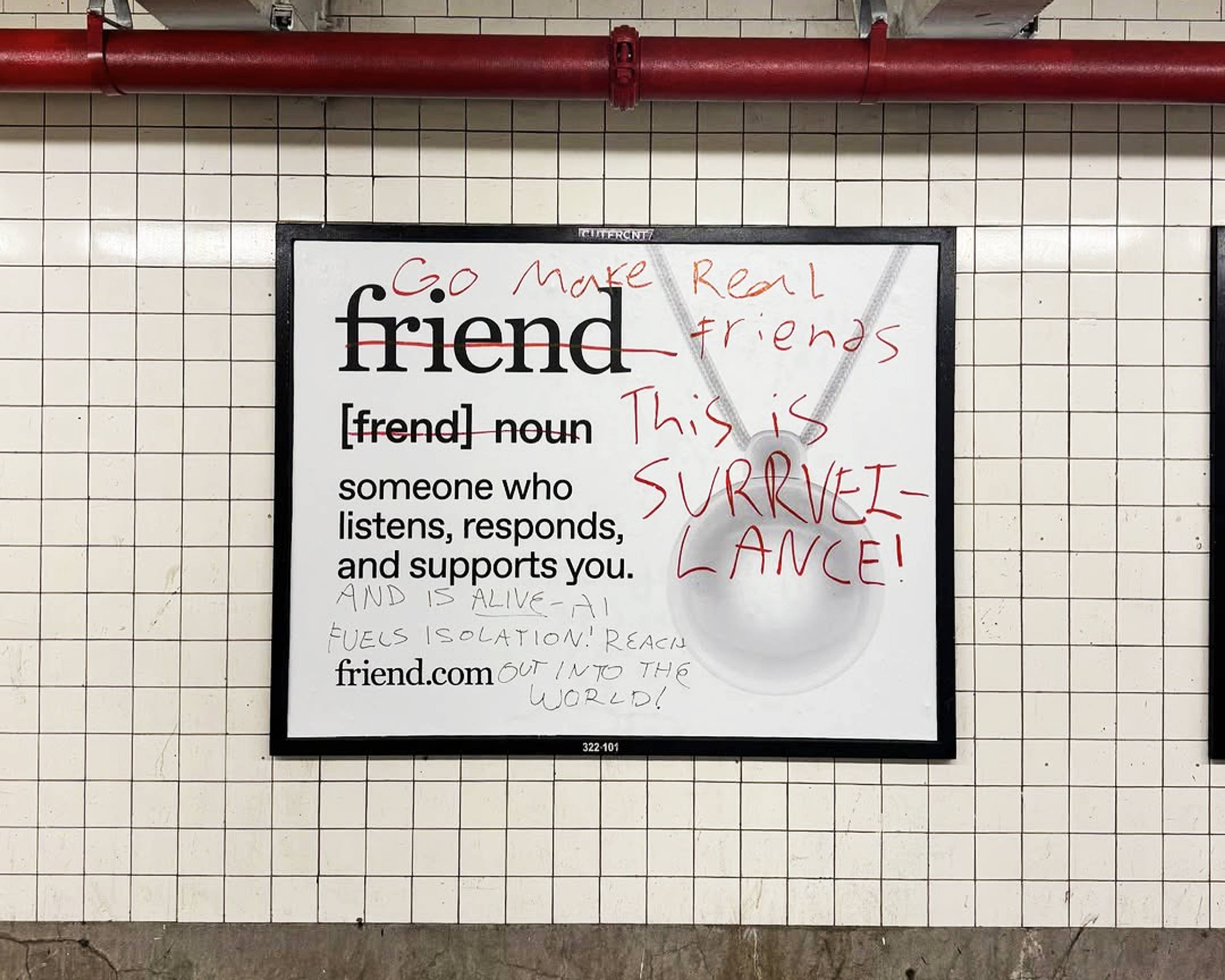 Graffiti on an advertisement for friend.com in the New York City Subway