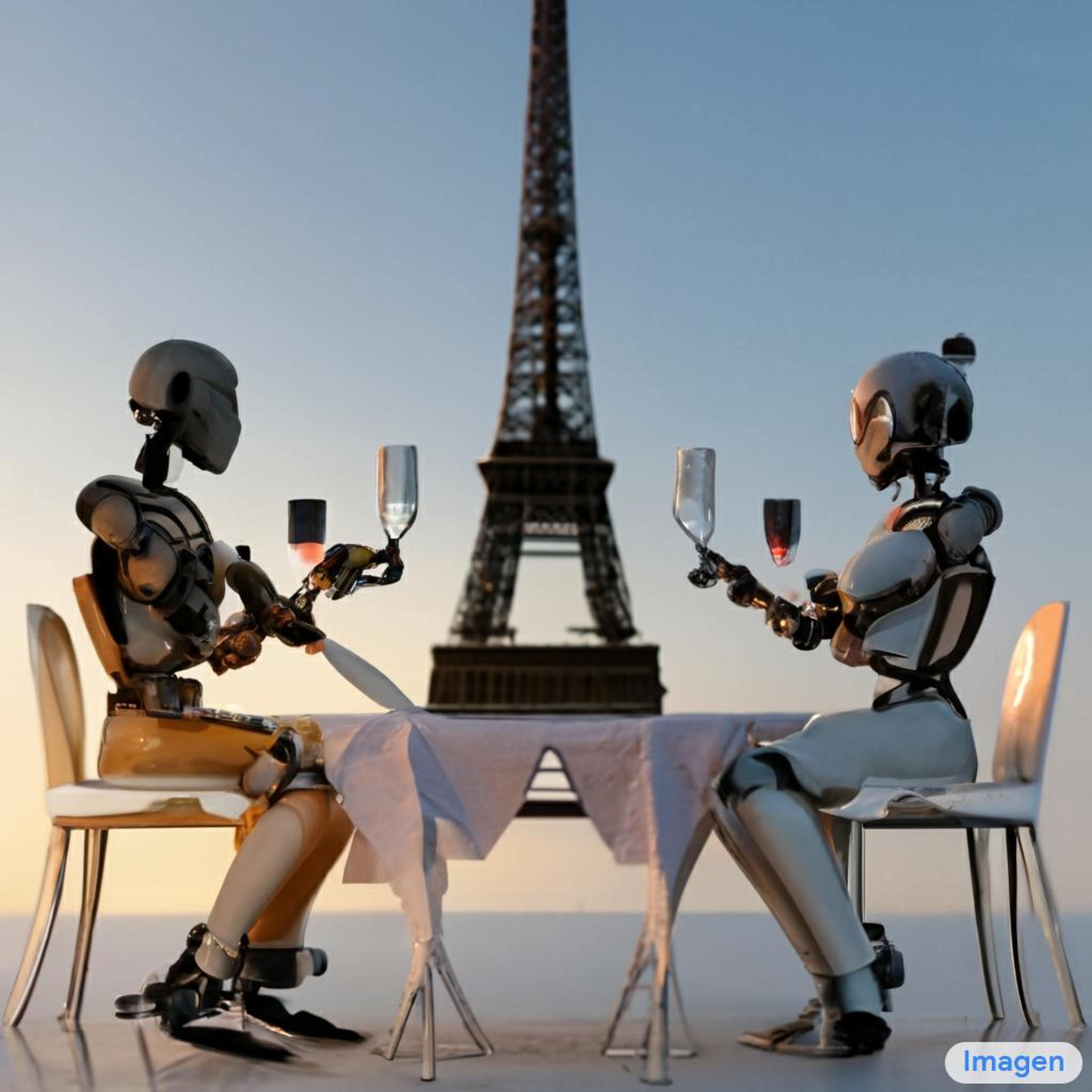 "A robot couple fine dining with Eiffel Tower in the Background" Rendered by Google Imagen, 2022