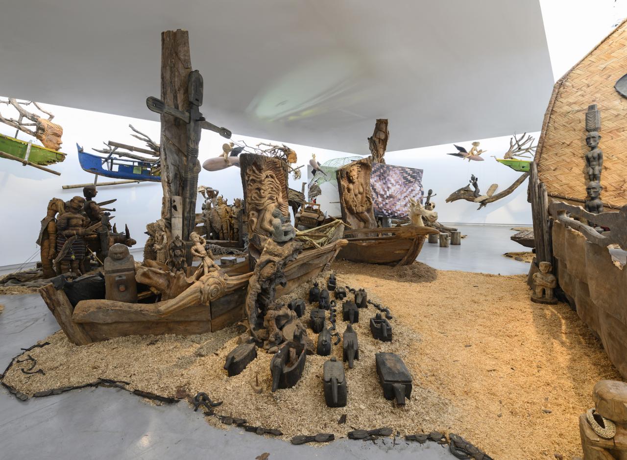 Kidlat Tahimik, Ang Ma-bagyong Sabungan ng 2 Bathala ng Hangin, A Stormy Clash Between 2 Goddesses of the Winds (WW III – the Protracted Kultur War), 2019. Installation view Sharjah Biennial 14: "Leaving the Echo Chamber."