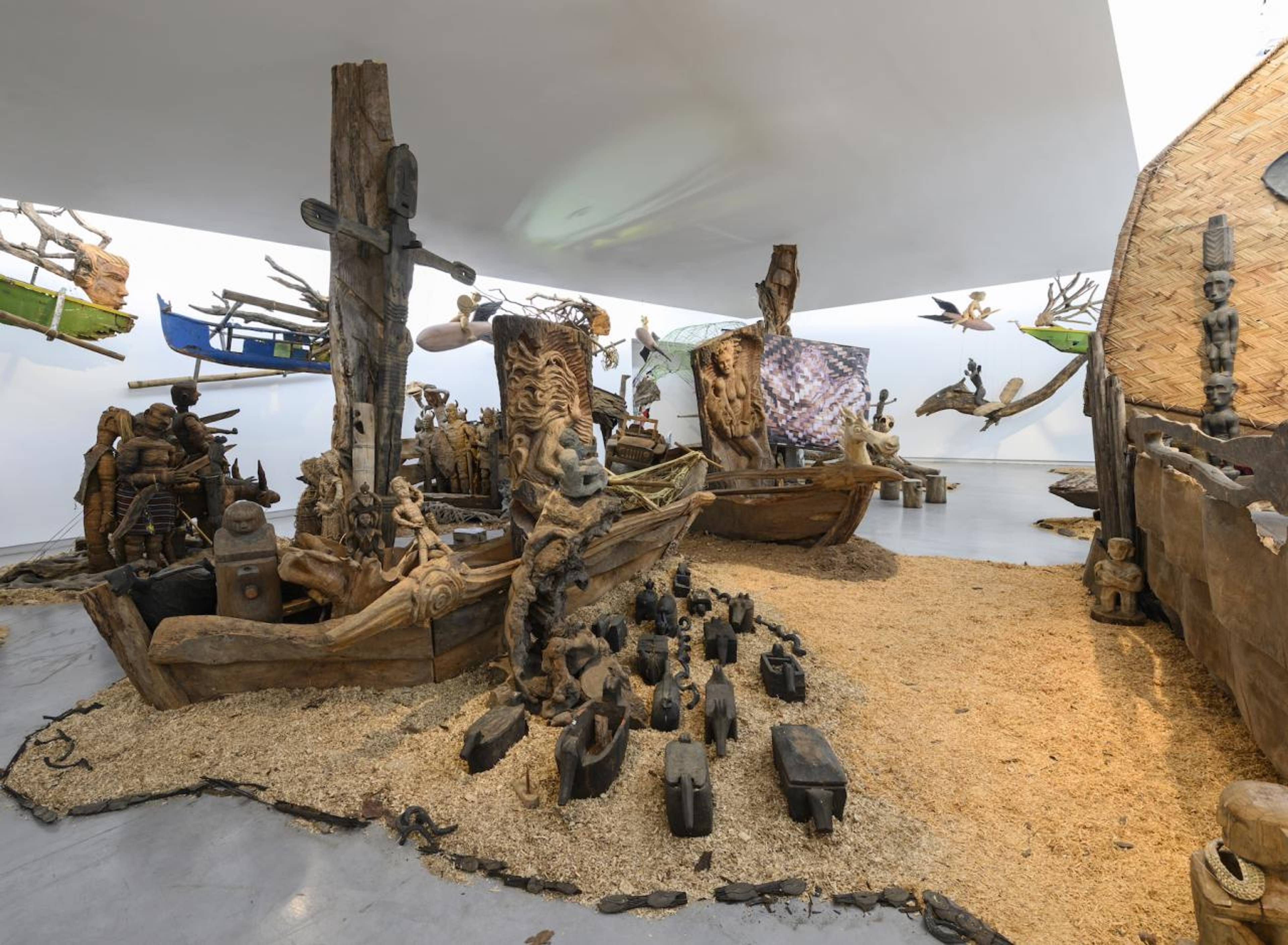 Kidlat Tahimik, Ang Ma-bagyong Sabungan ng 2 Bathala ng Hangin, A Stormy Clash Between 2 Goddesses of the Winds (WW III – the Protracted Kultur War), 2019. Installation view Sharjah Biennial 14: "Leaving the Echo Chamber."