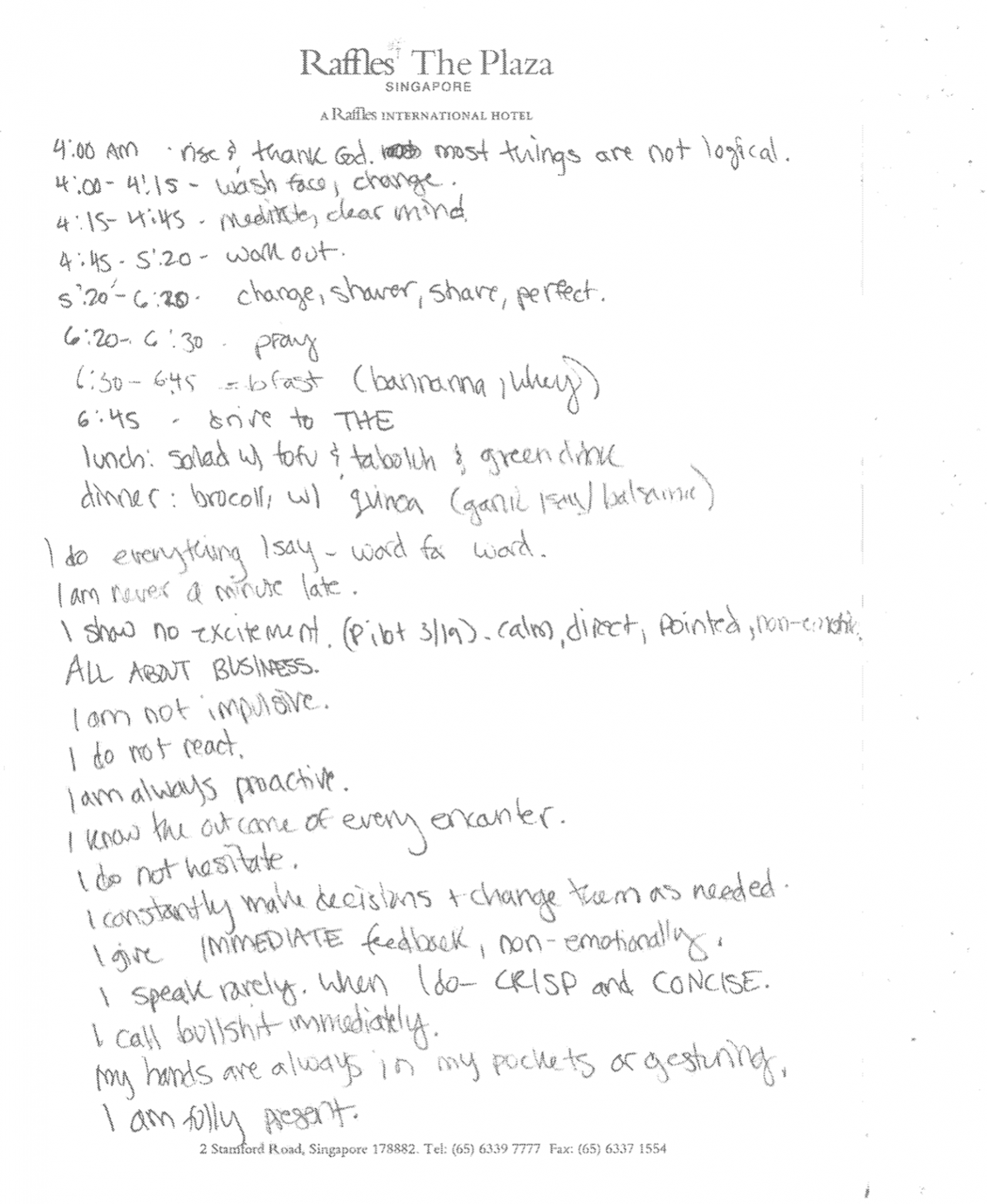 Exhibit 7731: handwritten account of Elizabeth Holmes's daily routine and affirmations