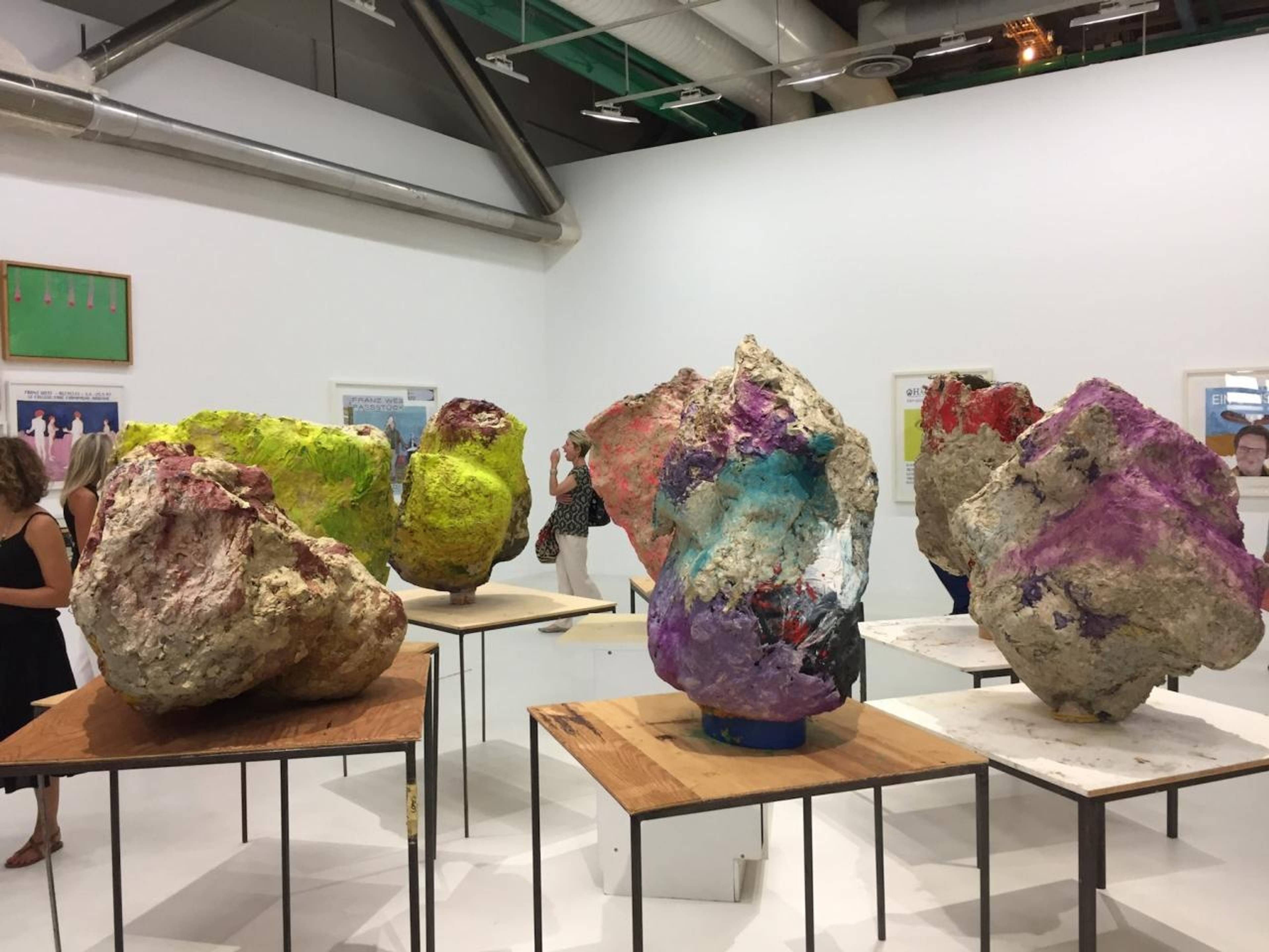 Franz West Gruppe mit Kabinett  (Group with Cabinet, 2001),papier-mâché, gauze, tables, set of eight sculptures, dimensions variable