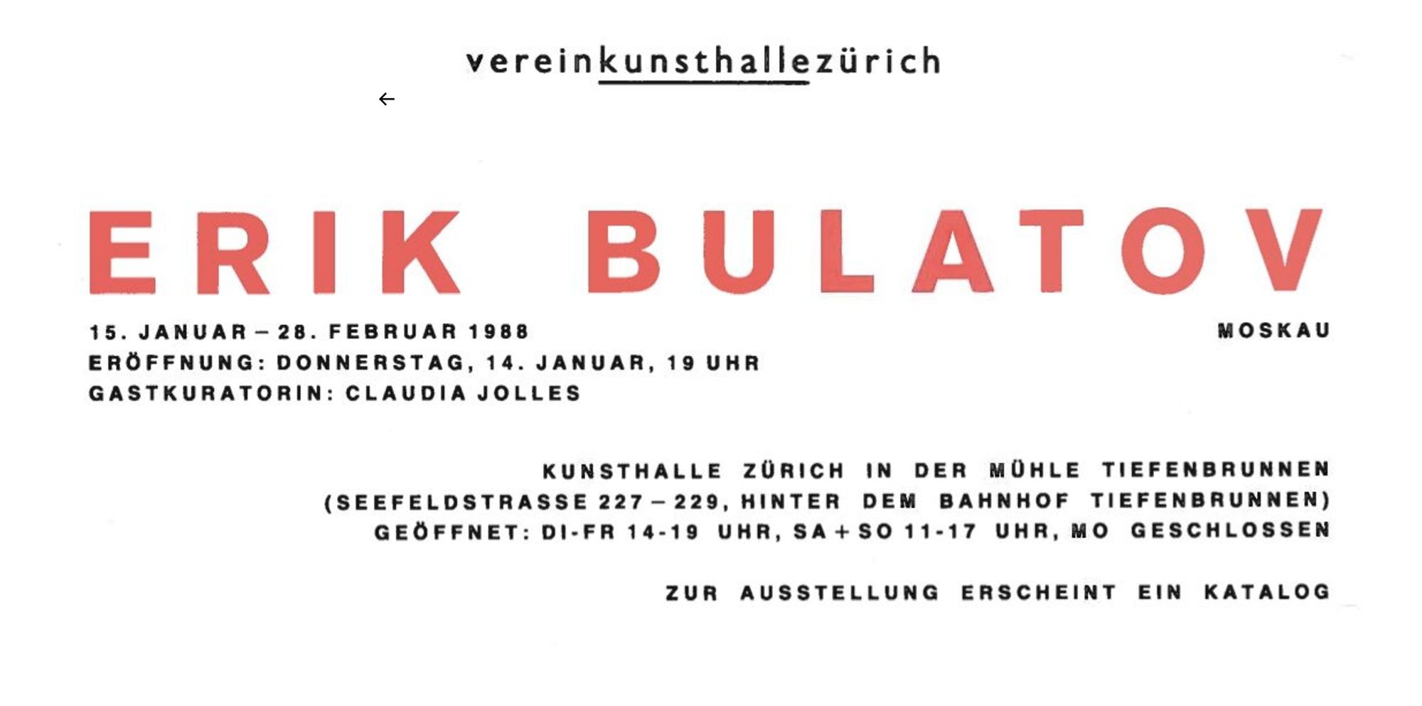 Erik Bulatov, exhibition invitation (reverse), Kunsthalle Zürich, 1988