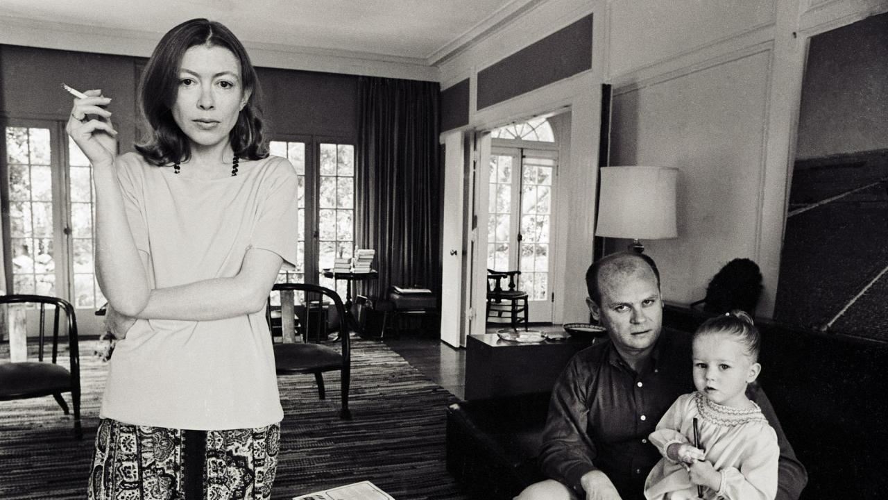 Joan Didion with her husband John Gregory Dunne and their daughter Quintana Roo Dunne at home in Los Angeles in 1968. Photo: Julian Wasser