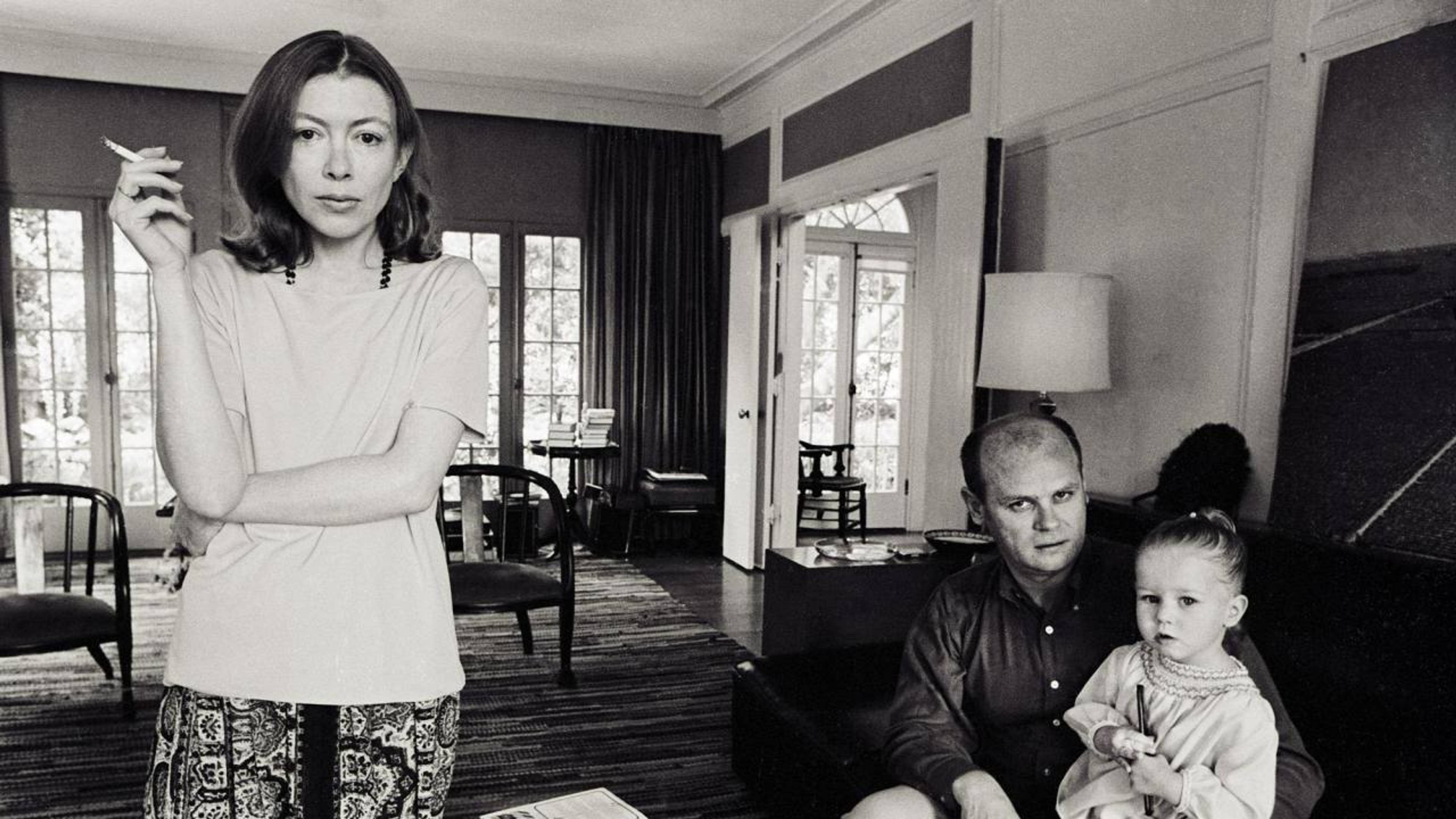 Joan Didion with her husband John Gregory Dunne and their daughter Quintana Roo Dunne at home in Los Angeles in 1968. Photo: Julian Wasser