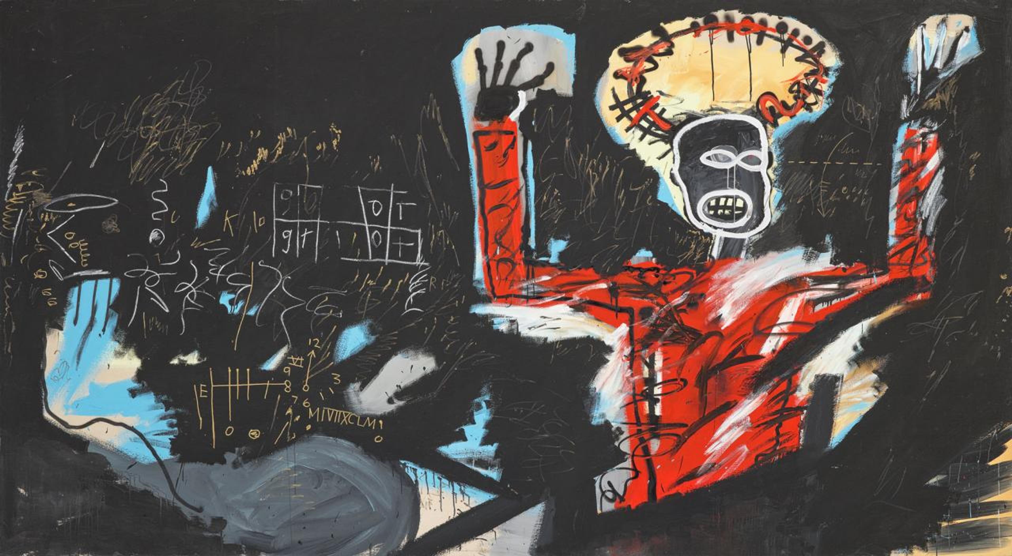Jean-Michel Basquiat, Profit 1, 1982, acrylic, oil stick, marker, and spray paint on canvas, 220 x 400 cm