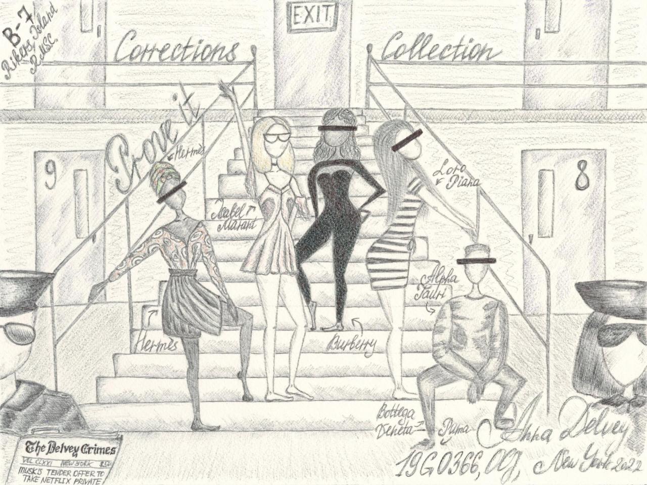 Anna Delvey, Corrections Collection 2022, corrections facility pen and pencil on smuggled watercolor paper. For sale via Founders Art Club