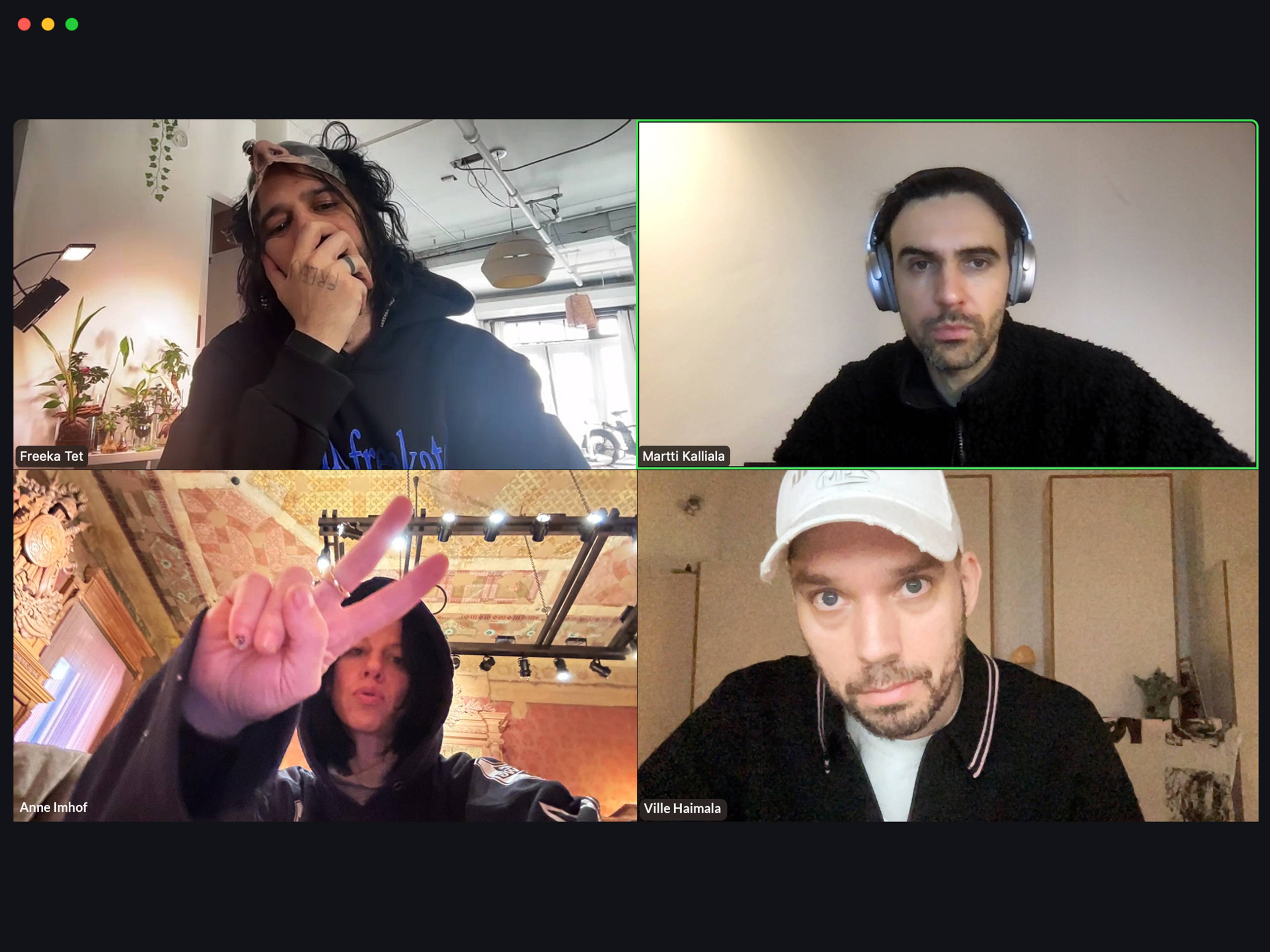 Screenshot of a Zoom call with (from upper left) Freeka Tet, Martti Kalliala, Ville Haimala, and Anne Imhof, December 2024