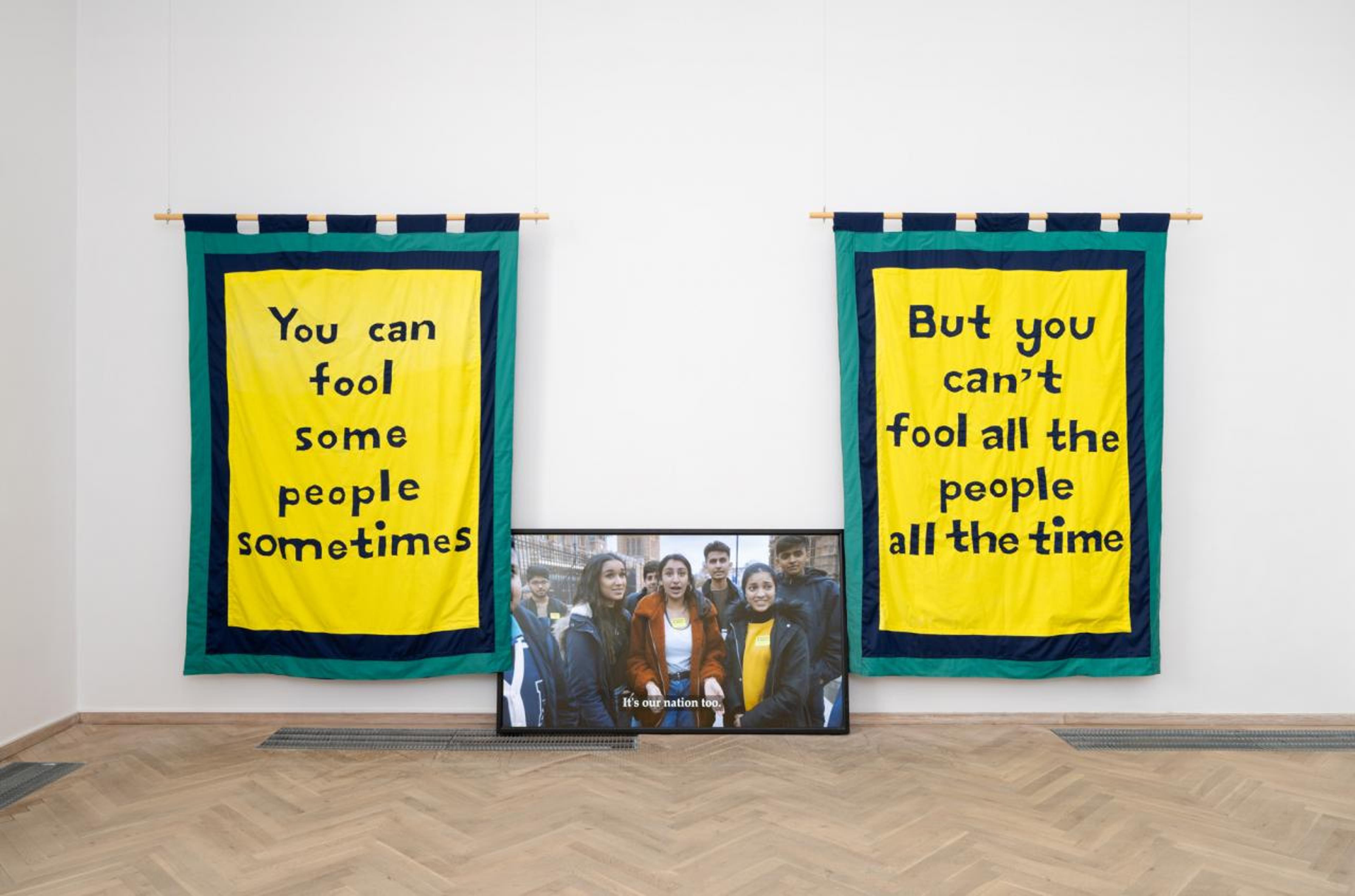 Jeremy Deller, You can fool some people sometimes, 2019; But you can’t fool all the people all the time, 2019; and Putin’s Happy, 2019. Installation view, Kunsthal Charlottenborg, Copenhagen, 2023
