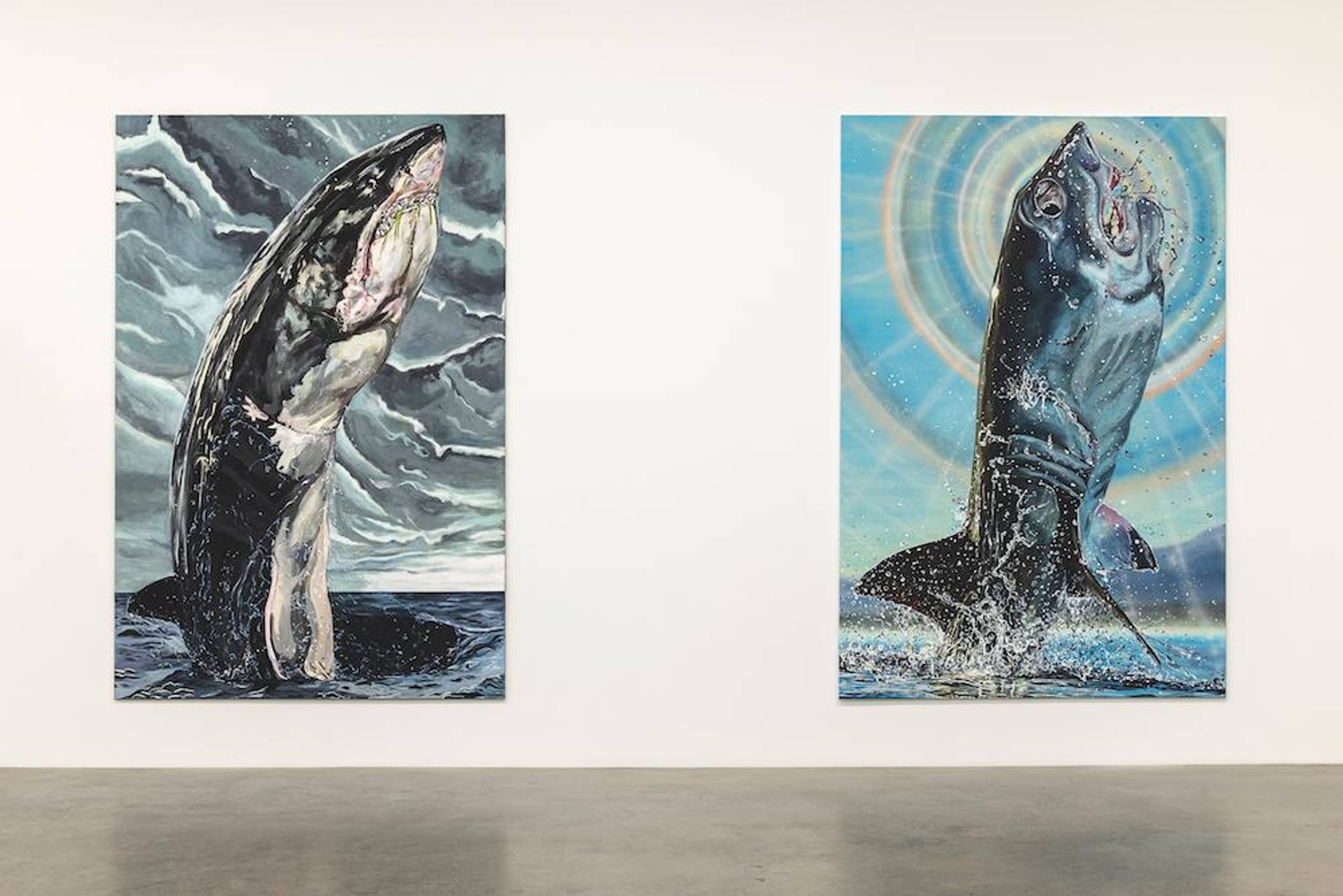 Installation view, Galerie Neu, Berlin, 2019 Left: Jana Euler,  GWF 8 , 2019 Oil on canvas, 300 x 200 cm Right: Jana Euler,  GWF 6 , 2019 Oil on canvas, 300 x 200 cm Photo: Dianna Pfammatter. Courtesy the artist and Galerie Neu, Berlin