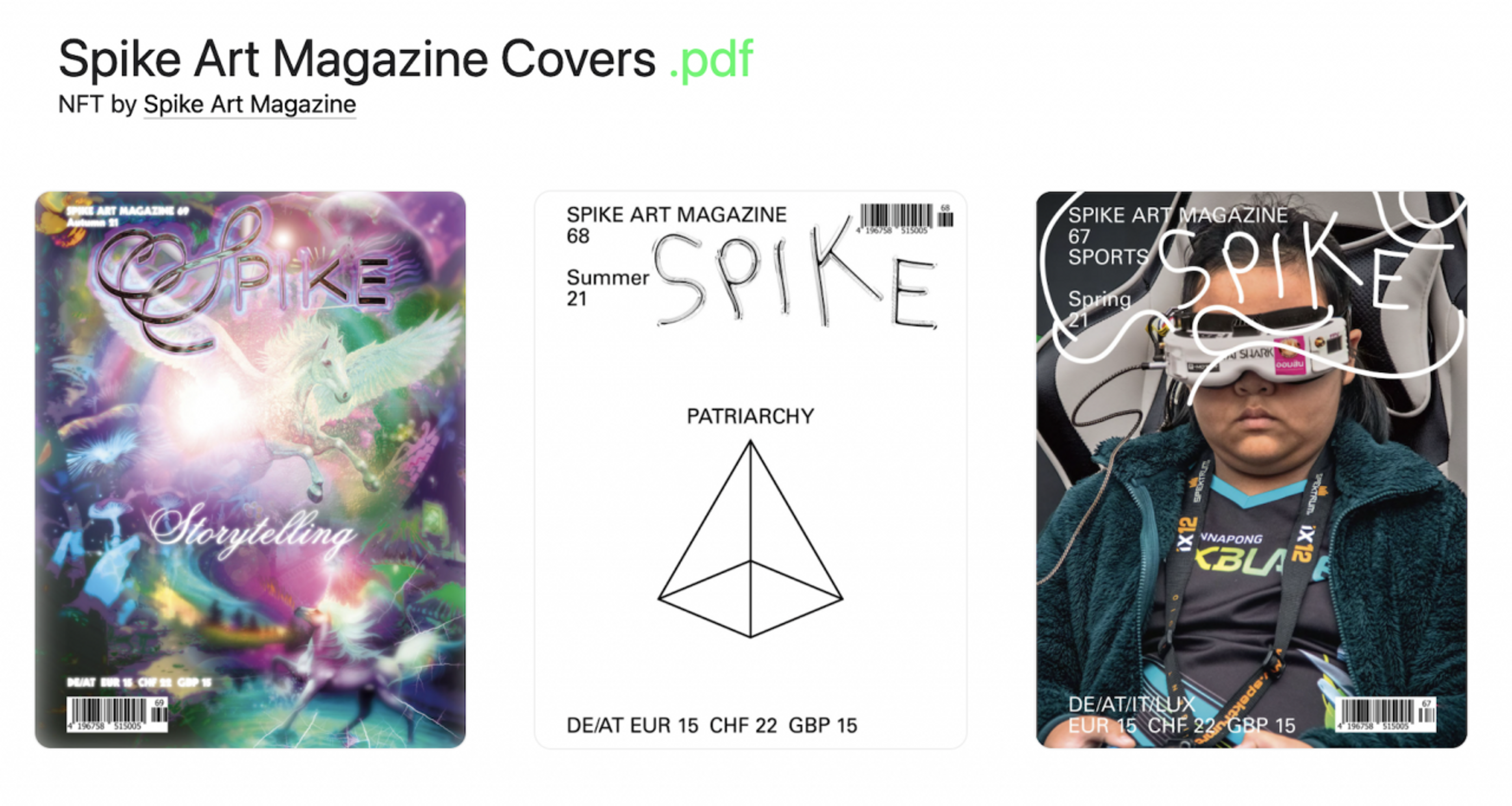 Spike covers on sale as NFTs. Screenshot from left.galley
