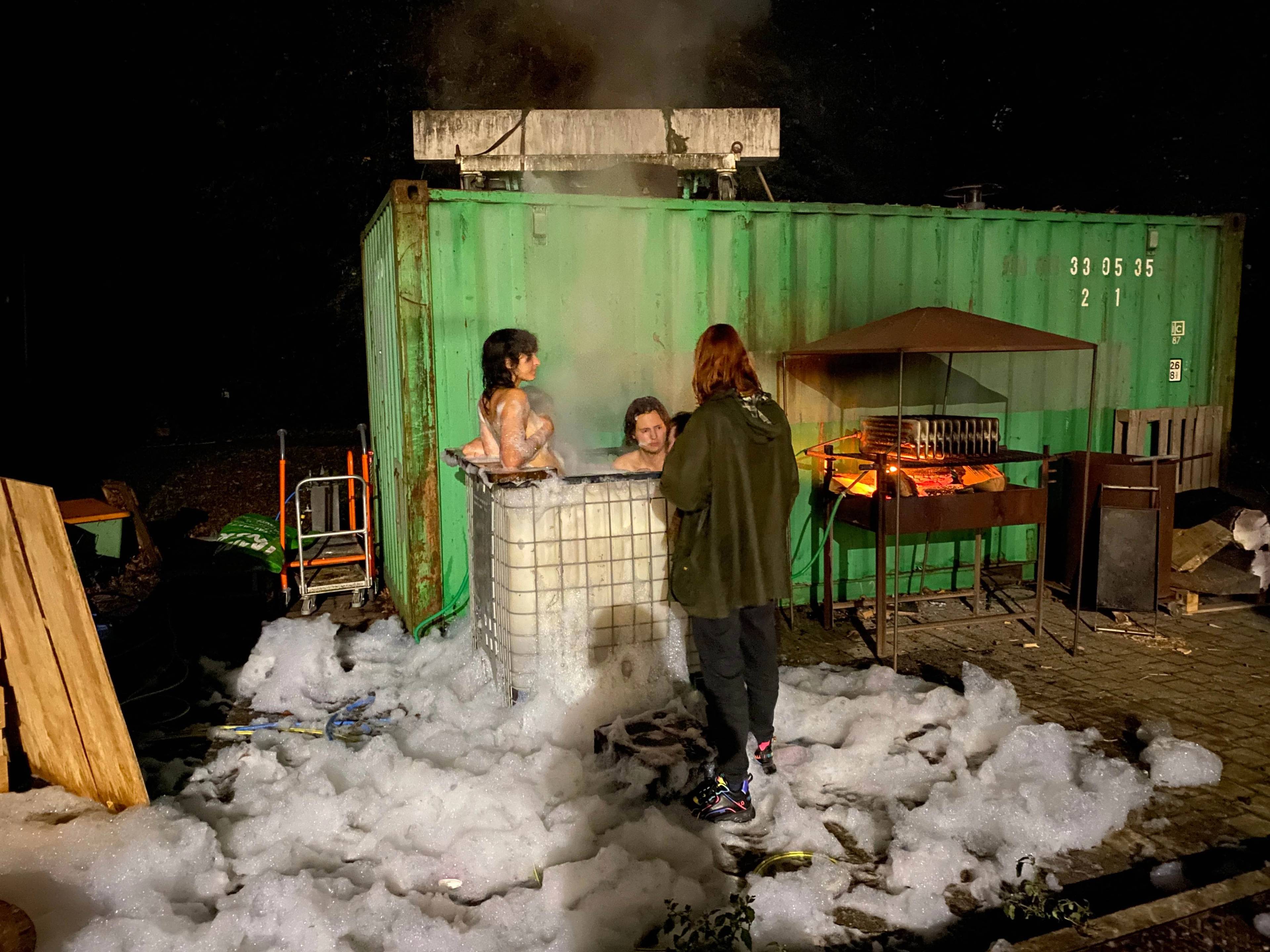 View of “Mittwochsbar VII,” an open-air foam bath, Karlsruhe, 2024