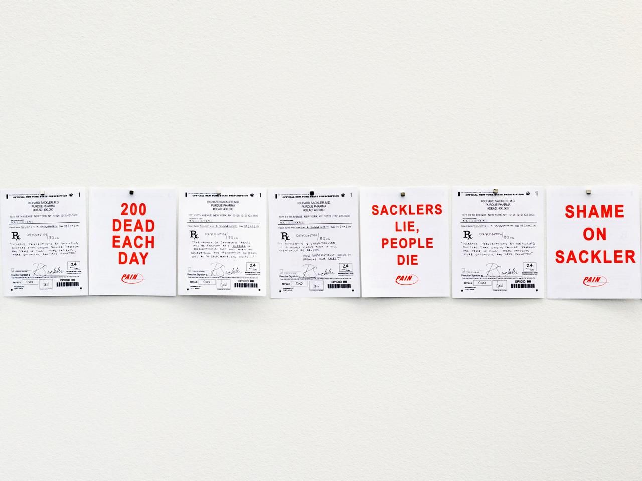 P.A.I.N., Prescription Slip / Guggenheim Action, 2019, 92 risograph prints, each 10.5 x 14 cm. Courtesy: the artist and Marian Goodman Gallery