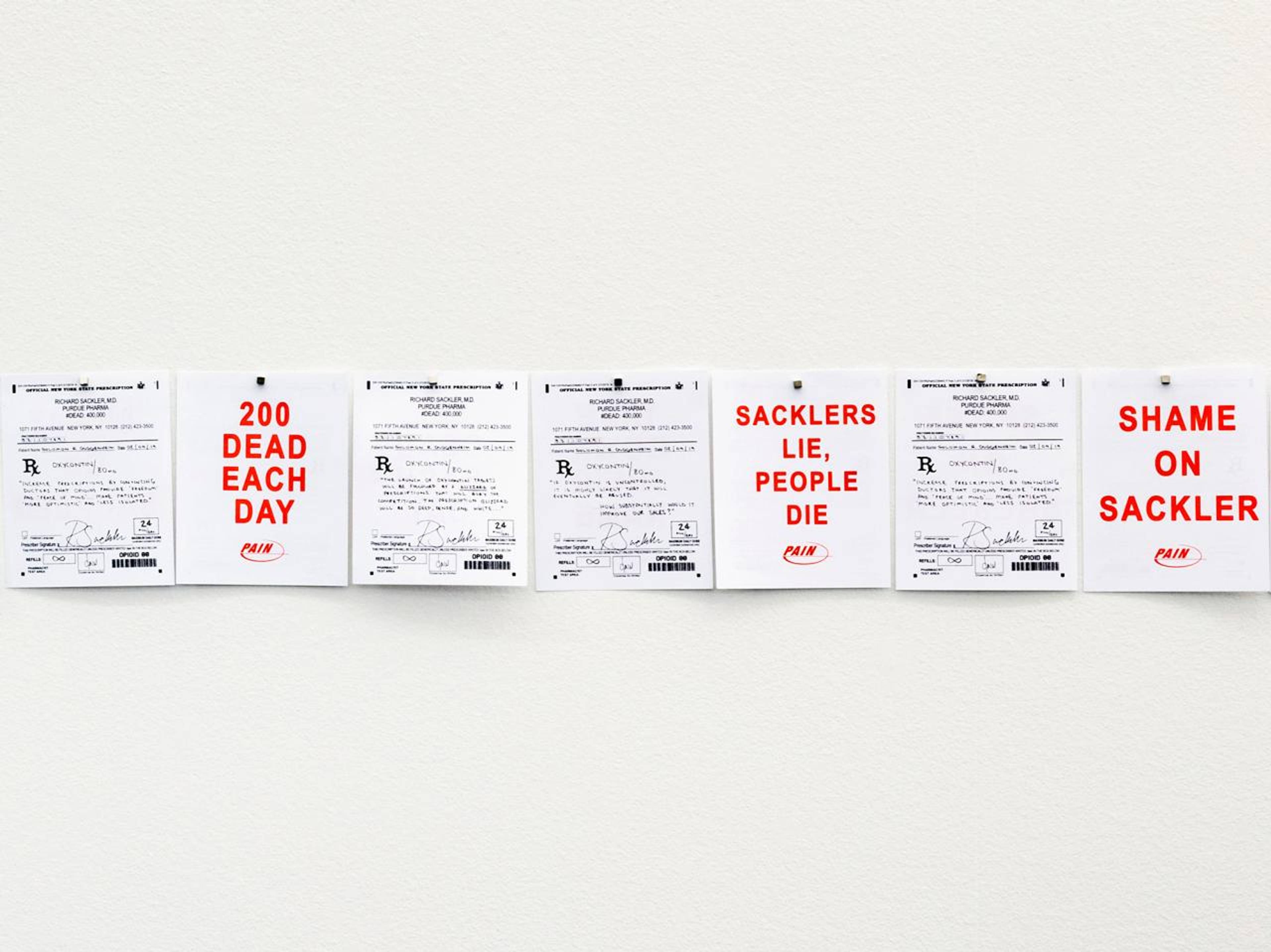 P.A.I.N., Prescription Slip / Guggenheim Action, 2019, 92 risograph prints, each 10.5 x 14 cm. Courtesy: the artist and Marian Goodman Gallery