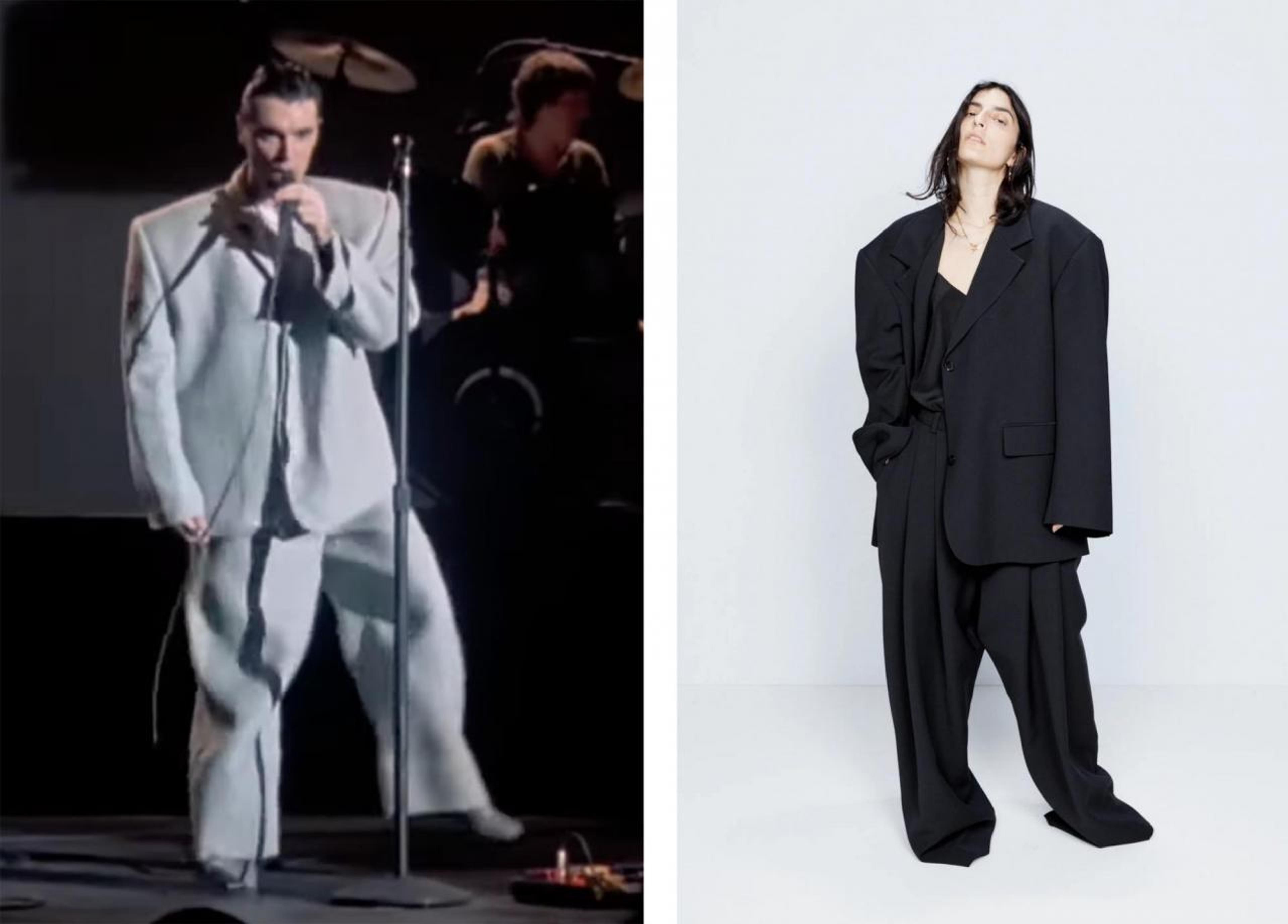 Left: David Byrne’s Stop Making Sense Big Suit Tour (1984); right: Raey’s “giant” suit (current season)