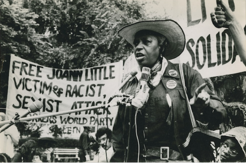 Civil rights activist Florynce “Flo” Kennedy speaks at a protest, 12 July 1975