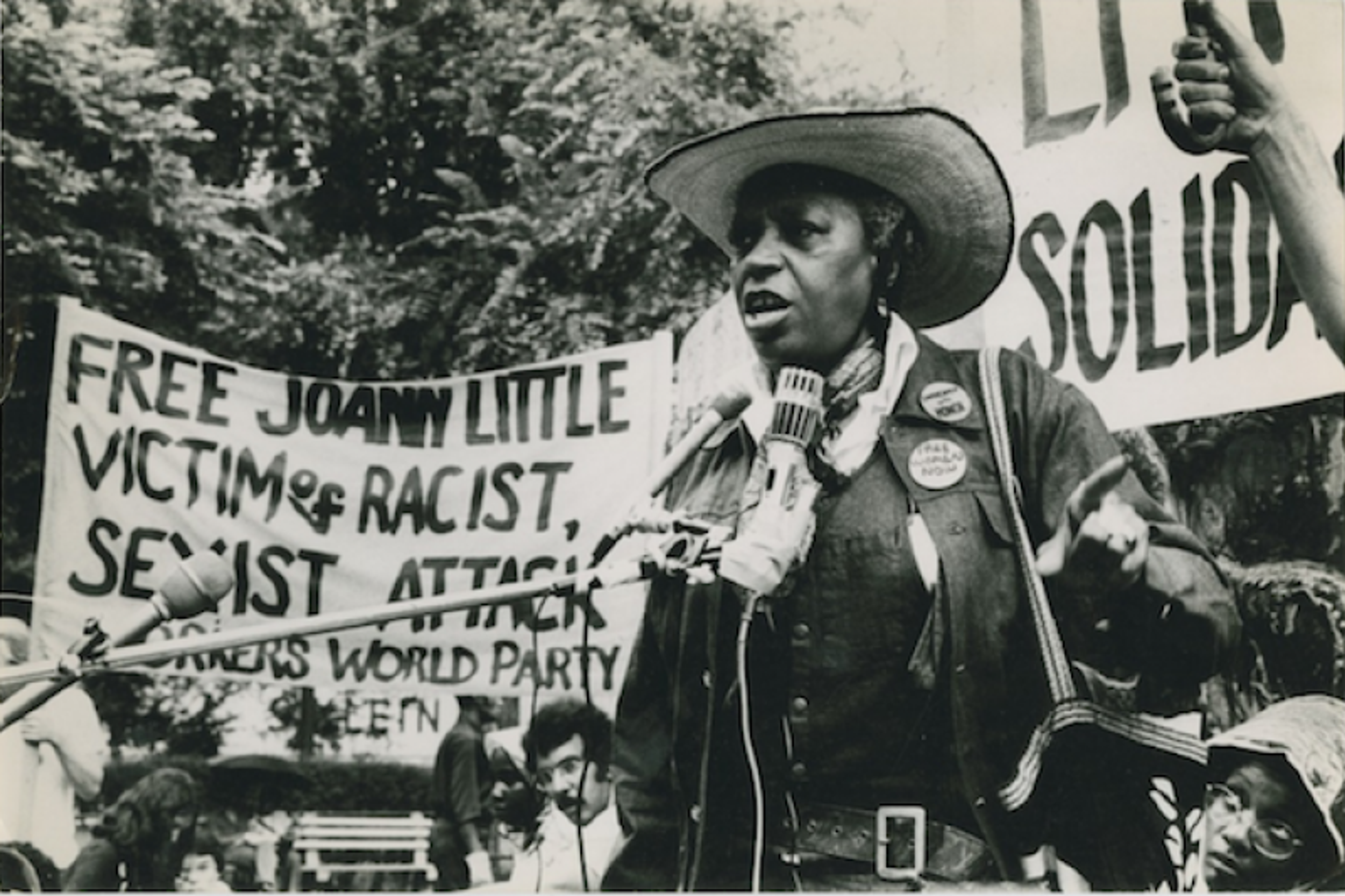 Civil rights activist Florynce “Flo” Kennedy speaks at a protest, 12 July 1975