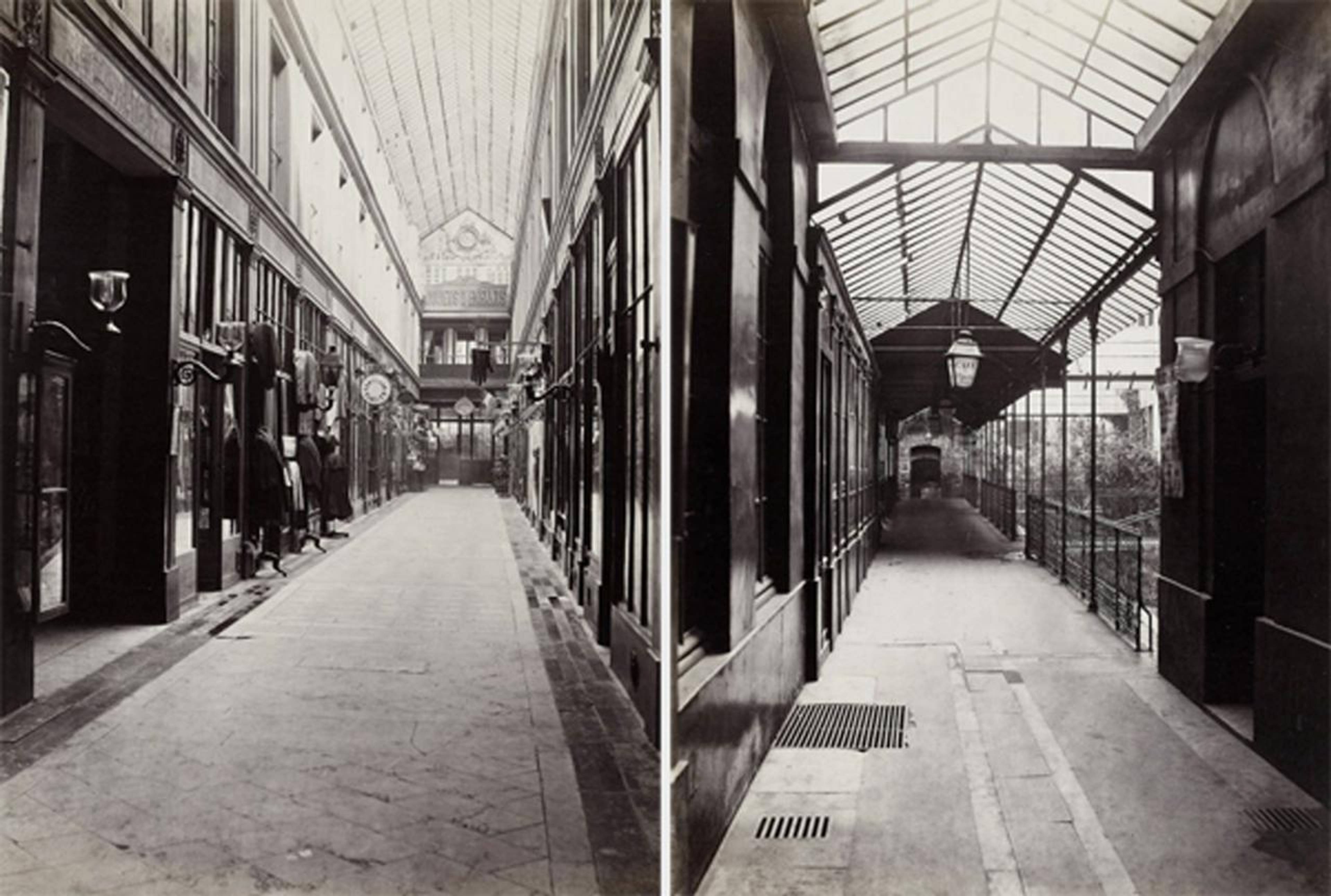 Left: Charles Marville, Passage de l’Opéra (Galerie de l’Horloge) (ninth arrondissement), 1868, albumen silver print from glass negative, 35.5 x 26.5 cm; right: Charles Marville, Passage de l’Opéra (de la rue Lepeletier) (ninth arrondissement), c. 1868, albumen silver print from glass negative, 36.5 x 22 cm