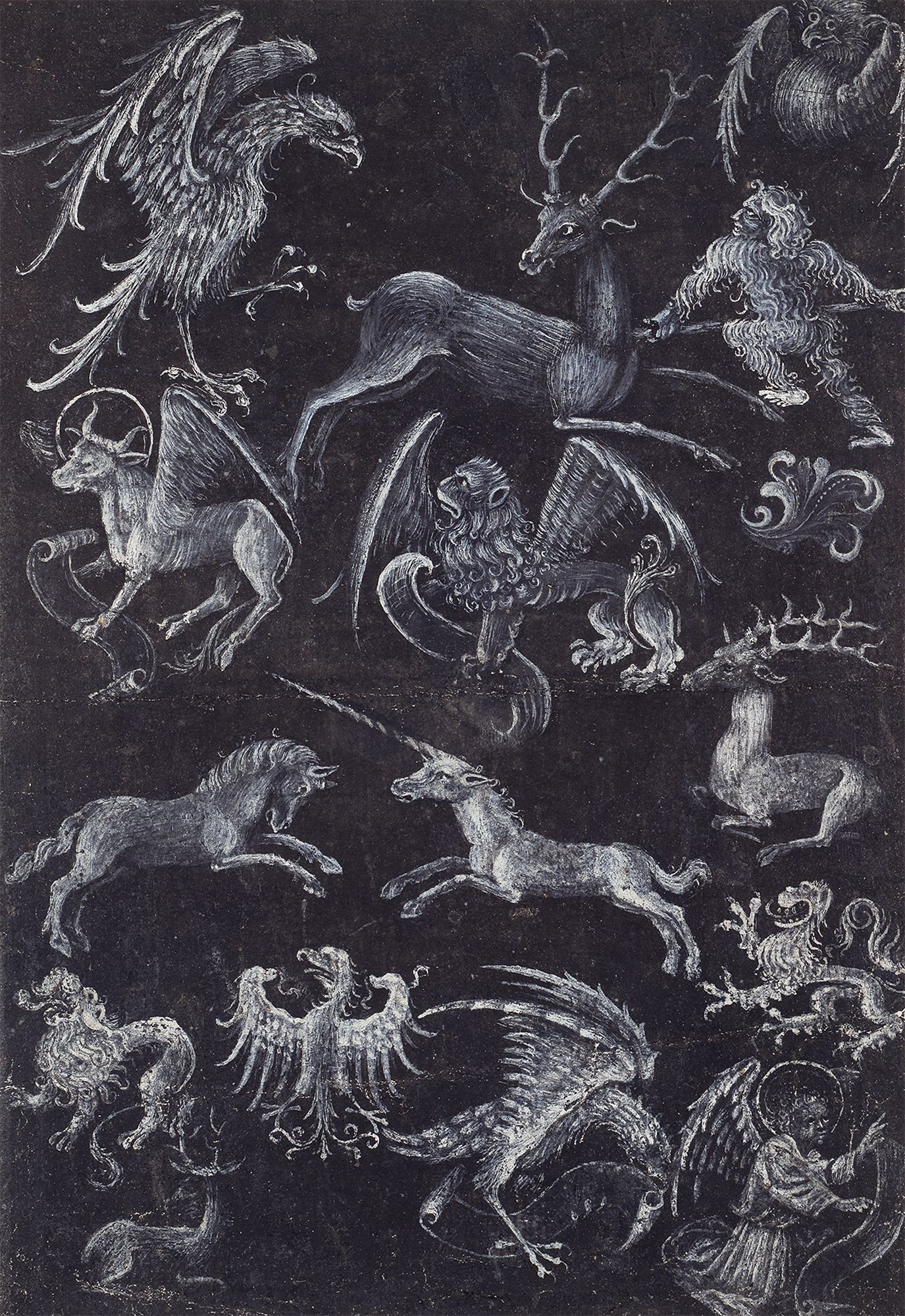 Upper Rhenish master, Model Sheet with the Symbols of the Four Evangelists, Animals, and a Wild Man, c. 1430–40