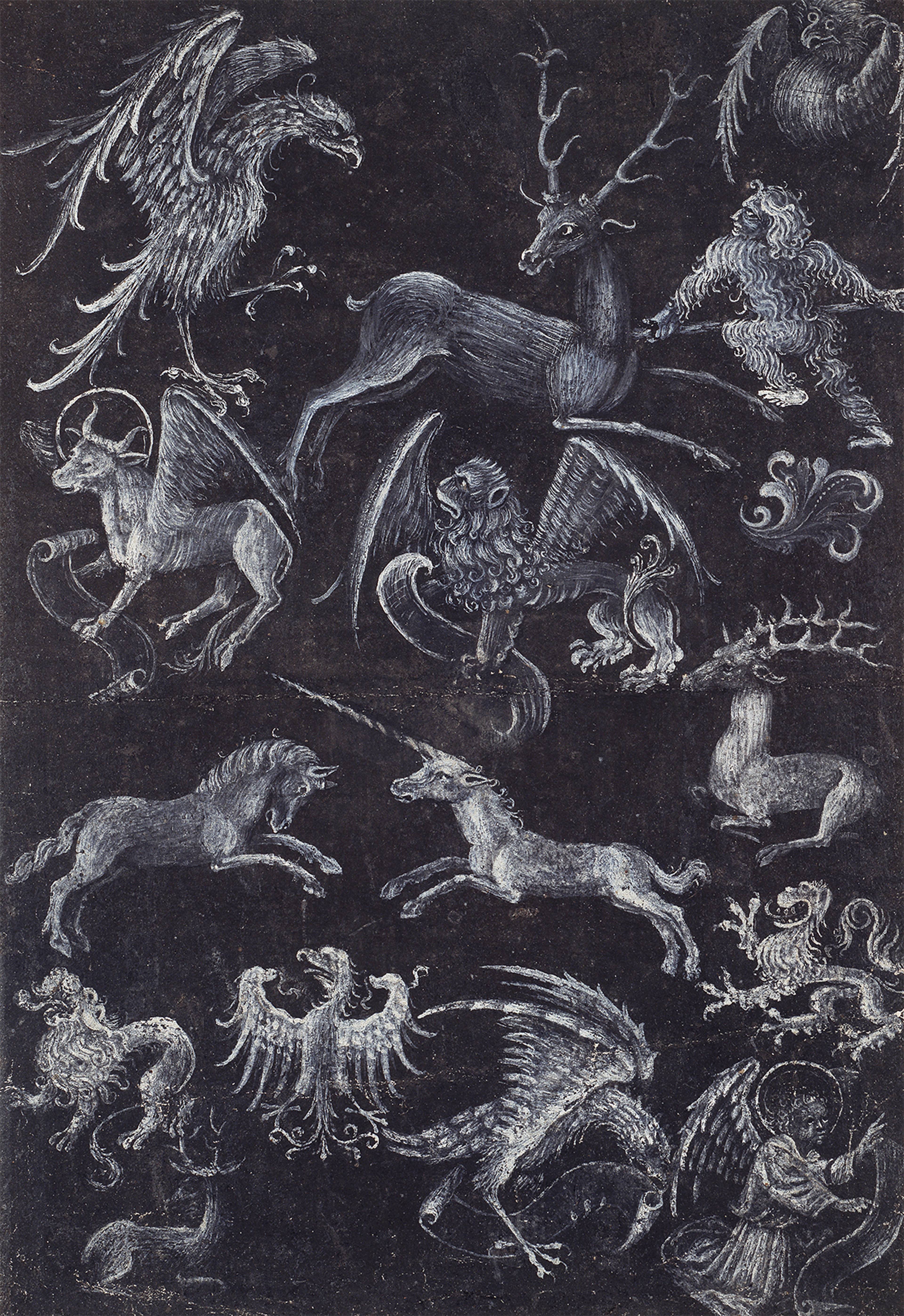 Upper Rhenish master, Model Sheet with the Symbols of the Four Evangelists, Animals, and a Wild Man, c. 1430–40