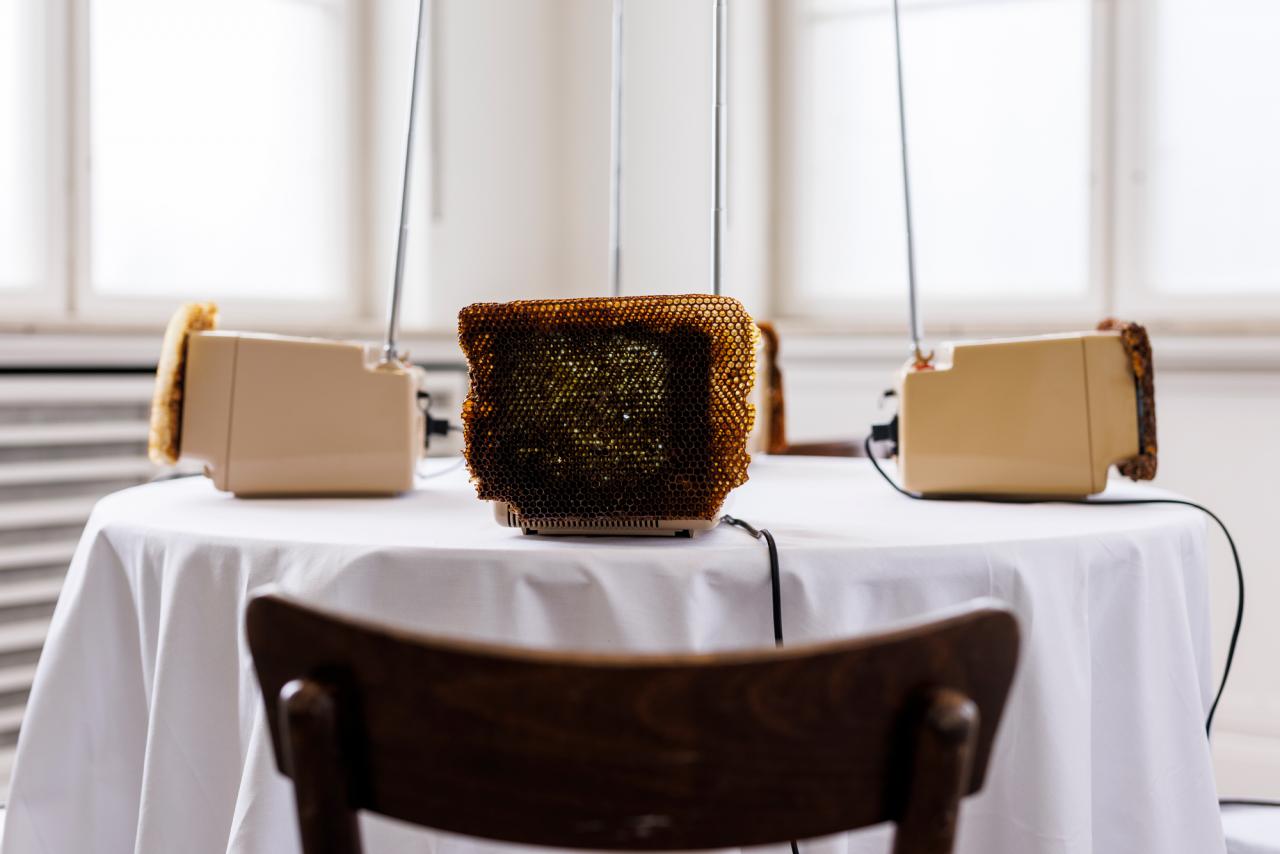 Margaret Raspé, Fernsehfrühstück (TV Breakfast), 1994/2023. Installation view, Haus am Waldsee, Berlin, 2023