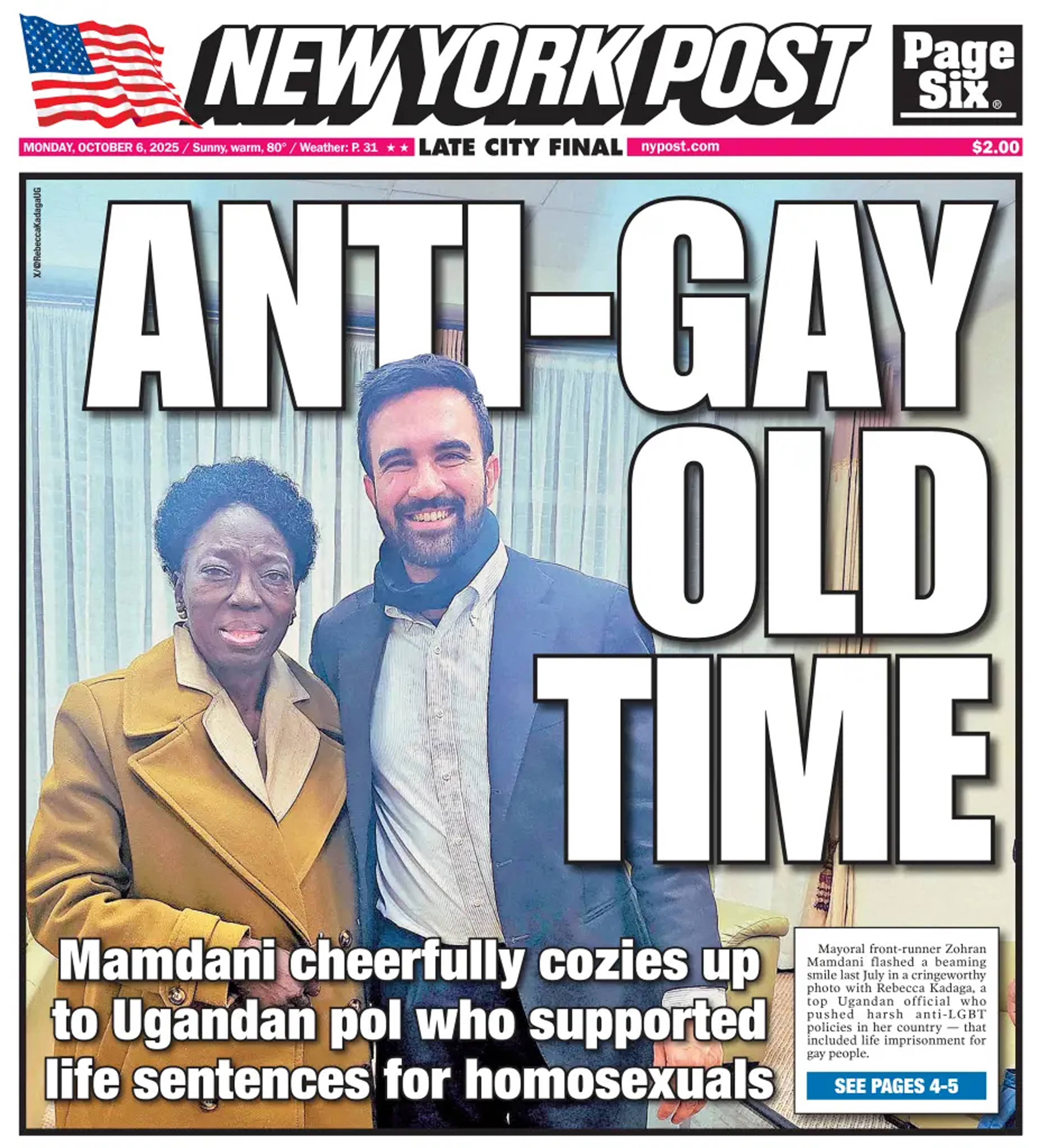 Cover of the New York Post, 6 October 2025