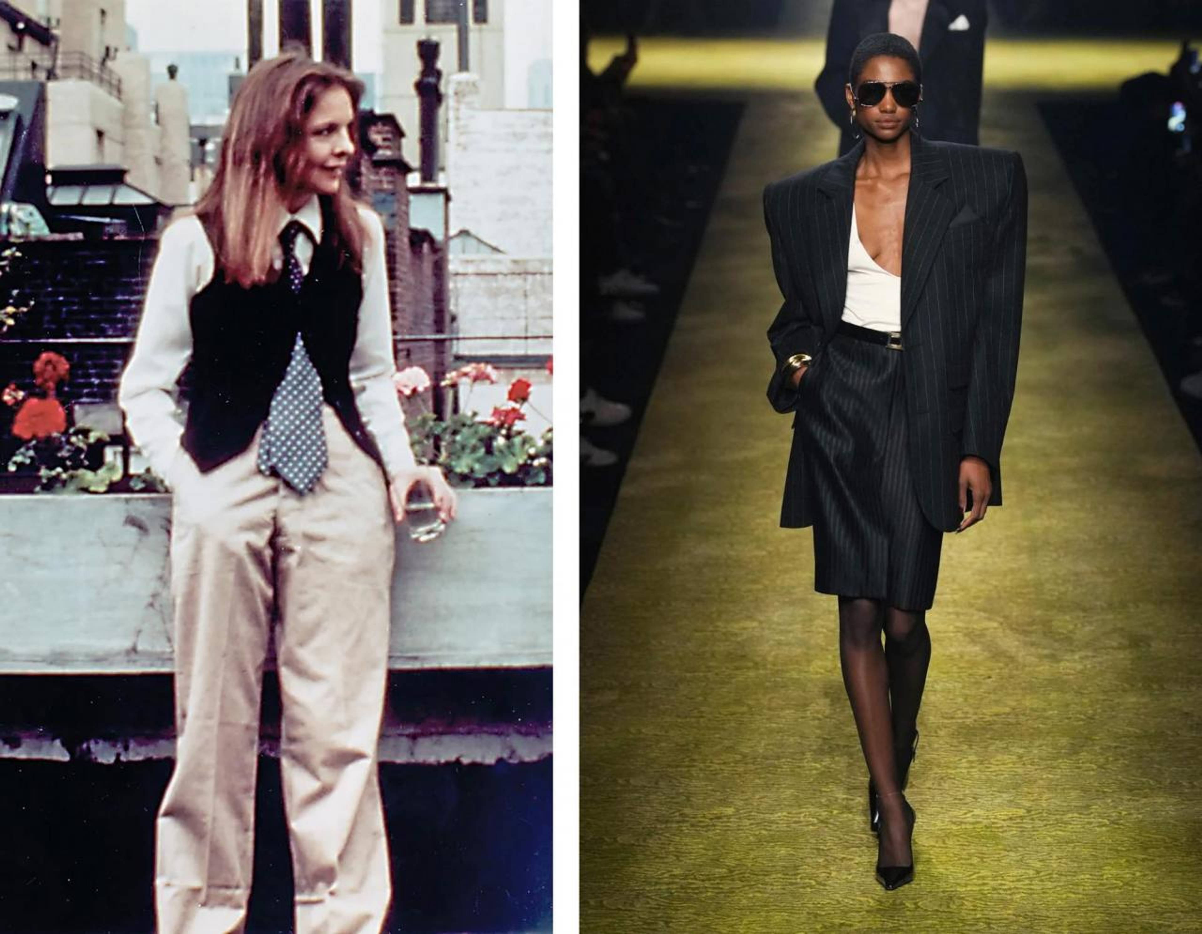 Left: Diane Keaton in Annie Hall (1977); rightL YSL, FW 23