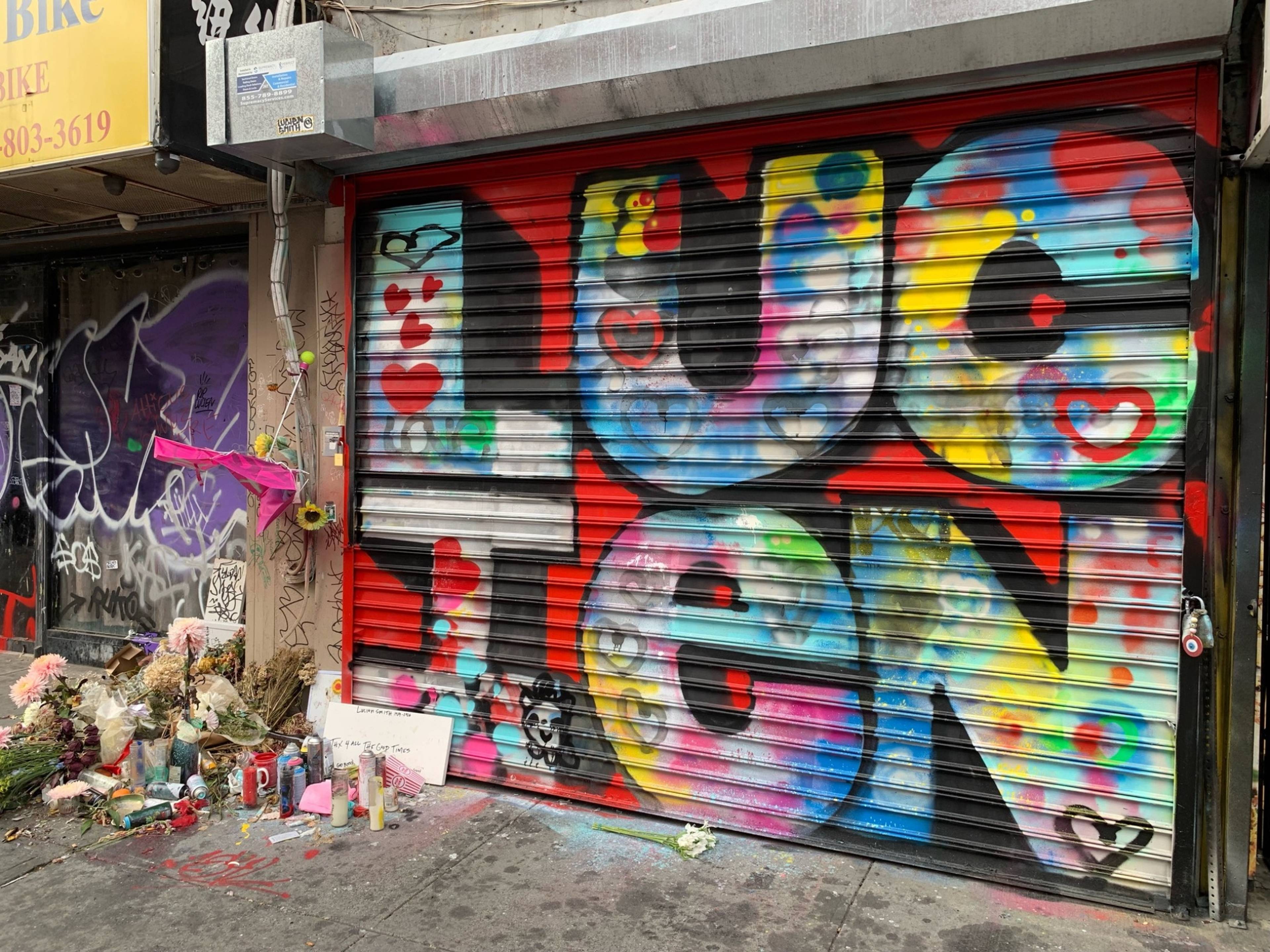 Memorial for artist Lucien Smith outside FOOOD, New York, September 2026. Photo: Travis Diehl