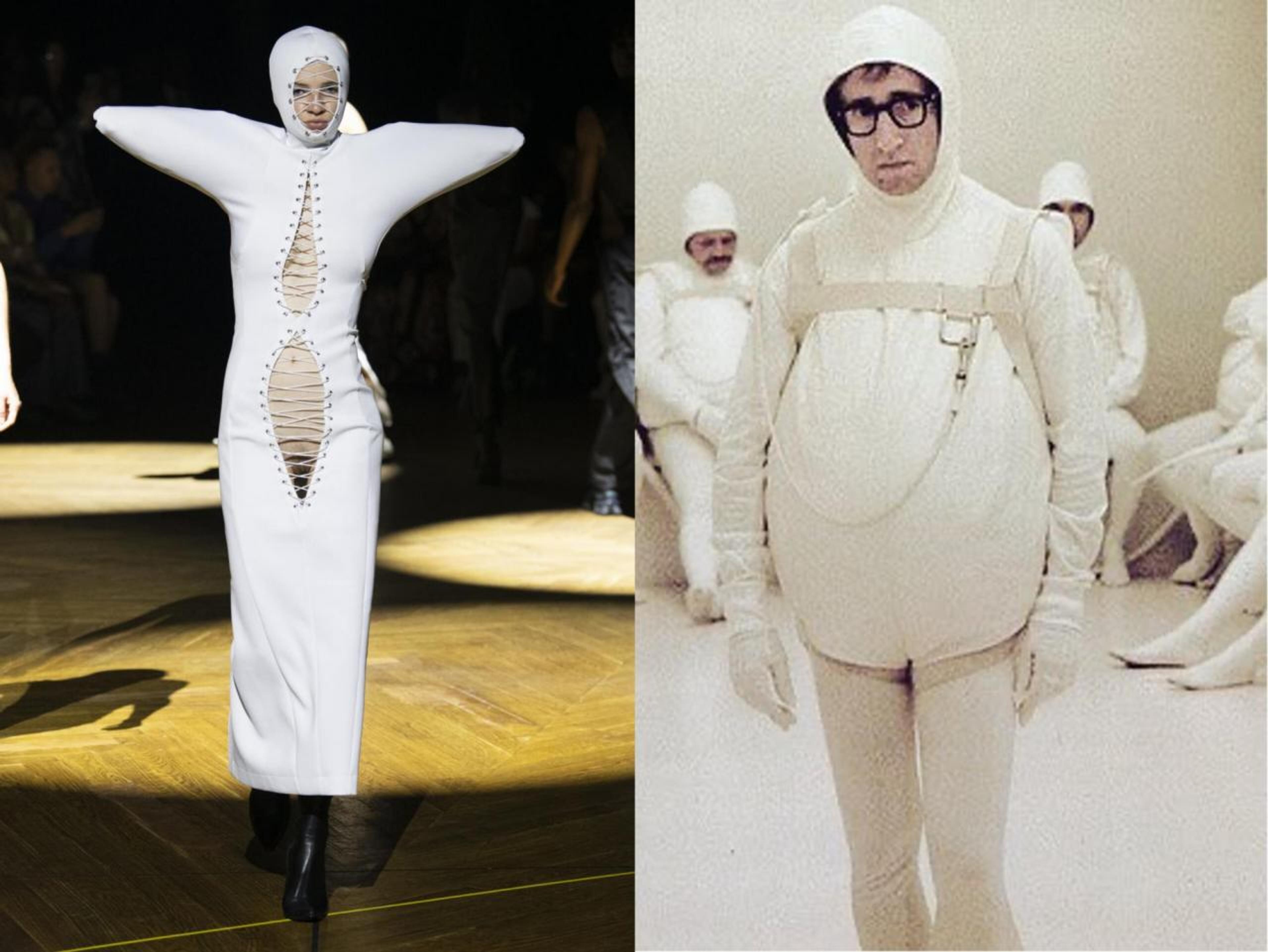 Left: Mowalola Spring 2023 Ready-to-Wear. Photo: Isidore Montag. Right: Woody Allen as sperm (1972) Photo: Ronald Grant Archive