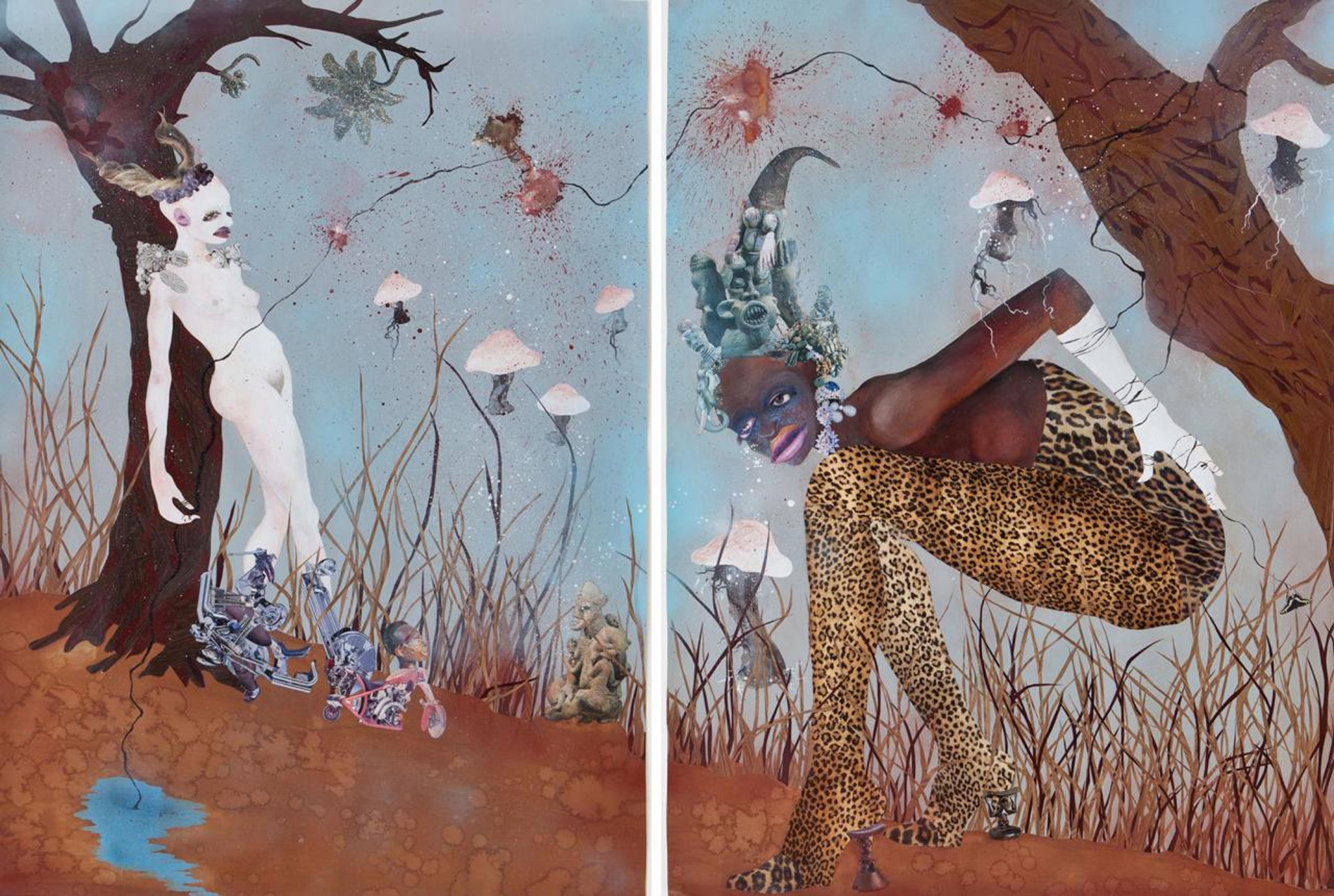 Wangechi Mutu, People in Glass Towers Should Not Imagine Us, 2003, mixed media collage on paper, diptych, 355.5 x 259 cm