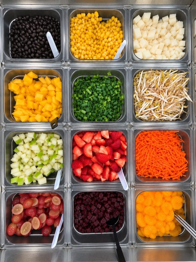 Aloha Salads design-your-own salad bar with fresh fruit, vegetables, and toppings