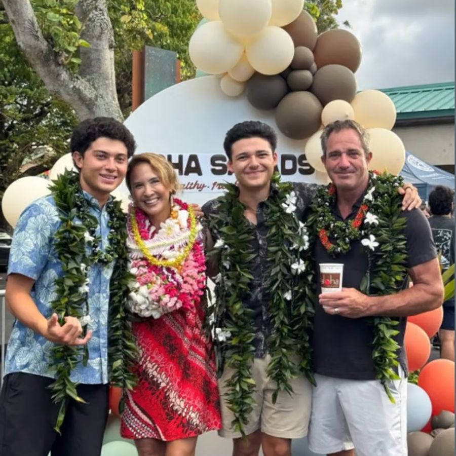 Sara Lufrano and family at the Aloha Salads grand opening, wearing leis Sara Lufrano and family at the Aloha Salads grand opening, wearing leis