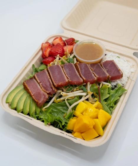 Aloha Salads seared ahi bowl with mango, avocado, and strawberries