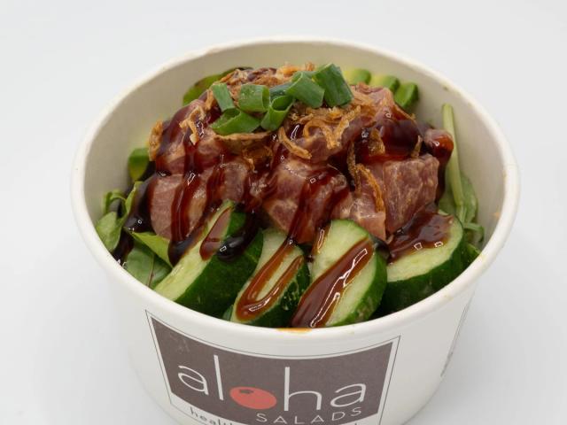 Aloha Salads Poke Bowl with ahi, cucumber, green onion, and unagi sauce
