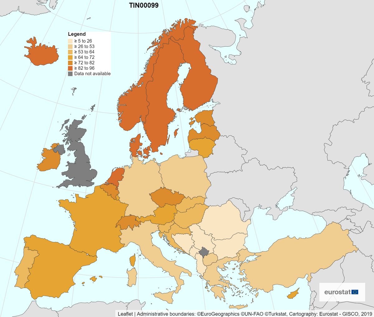 Kart som viser andel av befolkningen som bruker tjenester på nett