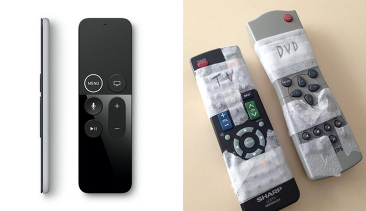 Dagens Apple fjernkontroll ved siden av et bilde av to eldre fjernkontroller med teip over knappene man ikke skal bruke.